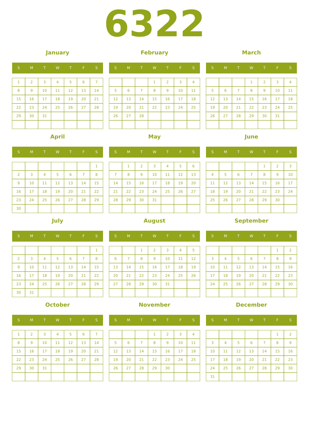 Printable 6322 Year Calendars chartreuse