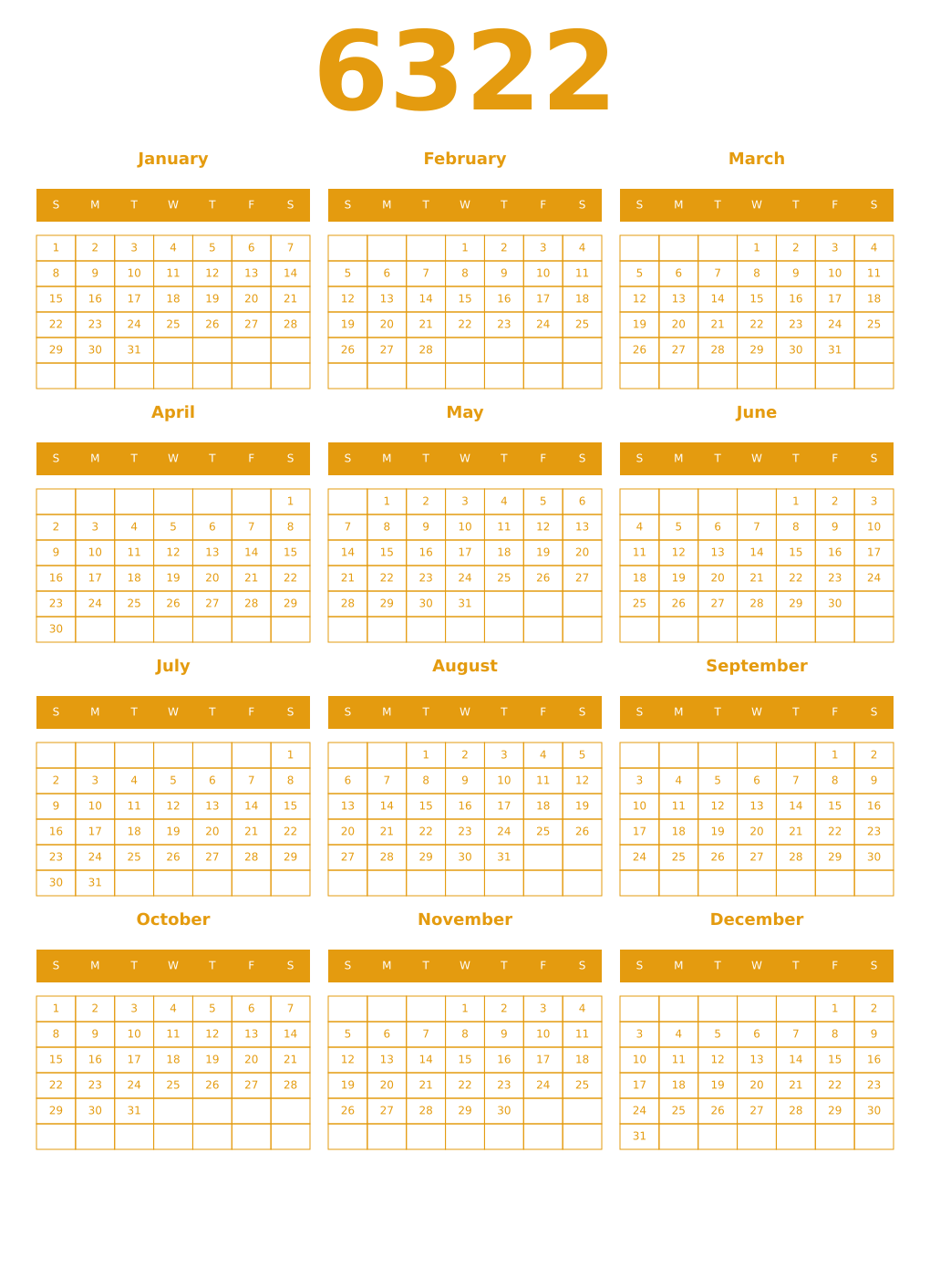 Printable 6322 Year Calendars gamboge