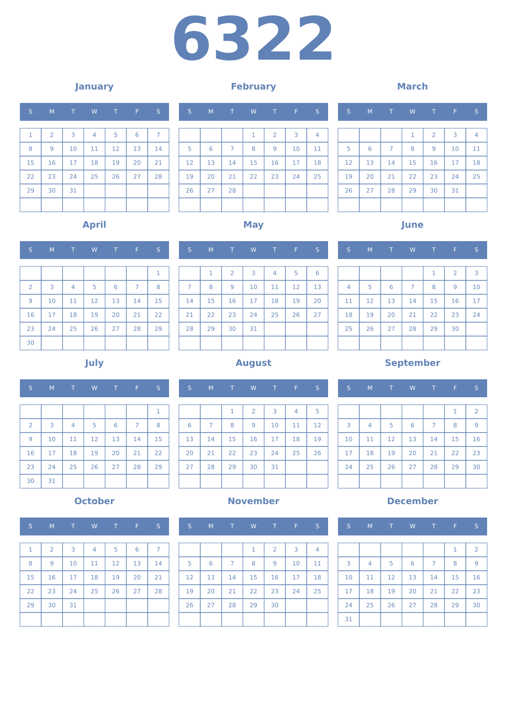 Printable 6322 Year Calendars glaucous
