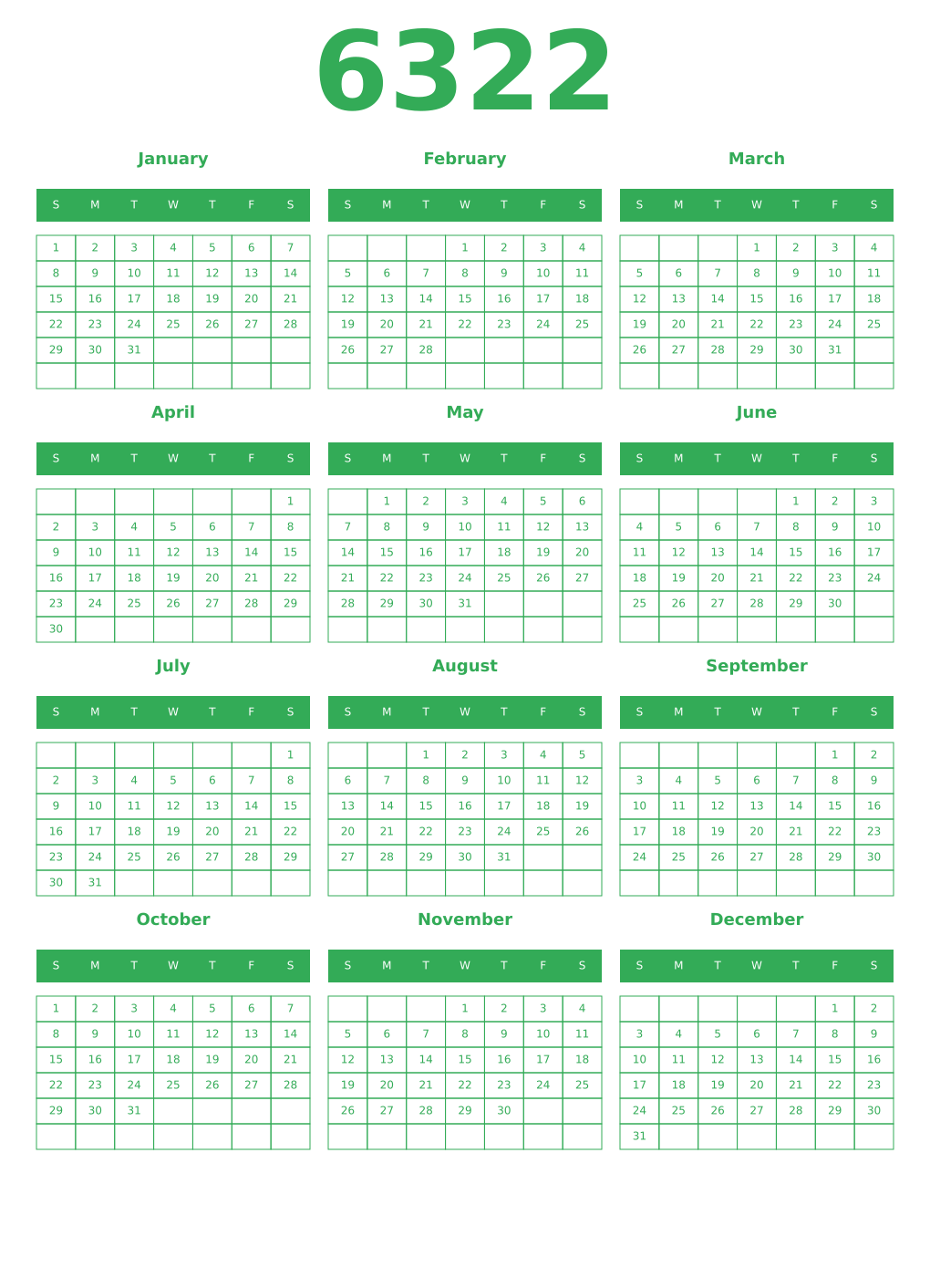 Printable 6322 Year Calendars green