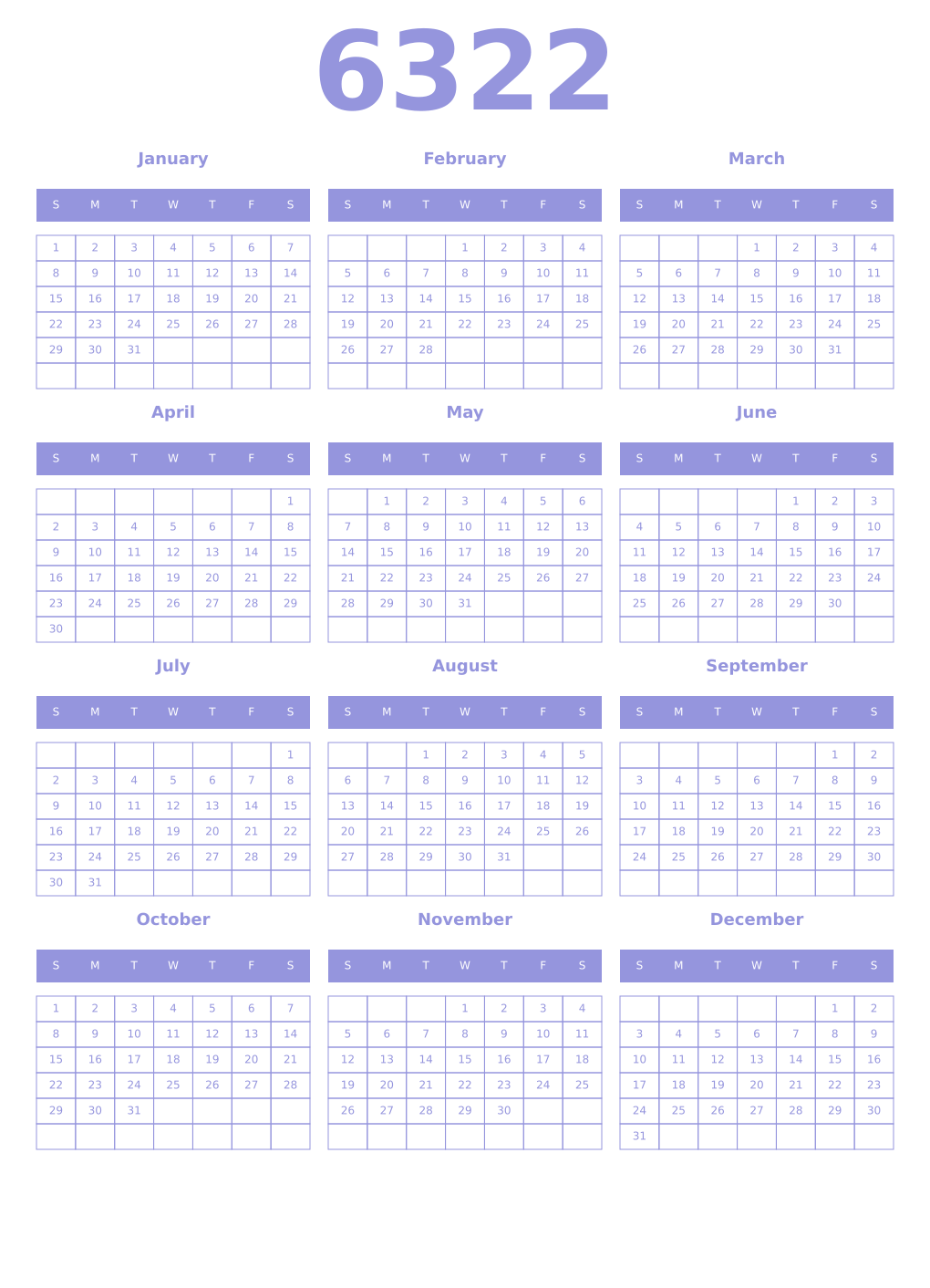Printable 6322 Year Calendars periwinkle