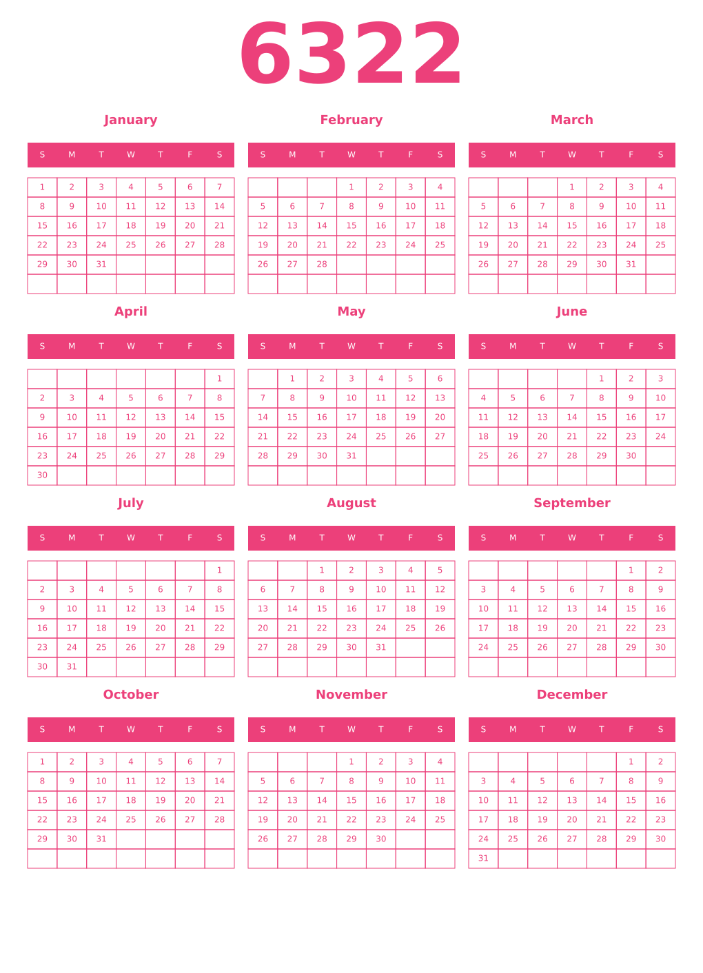 Printable 6322 Year Calendars pink