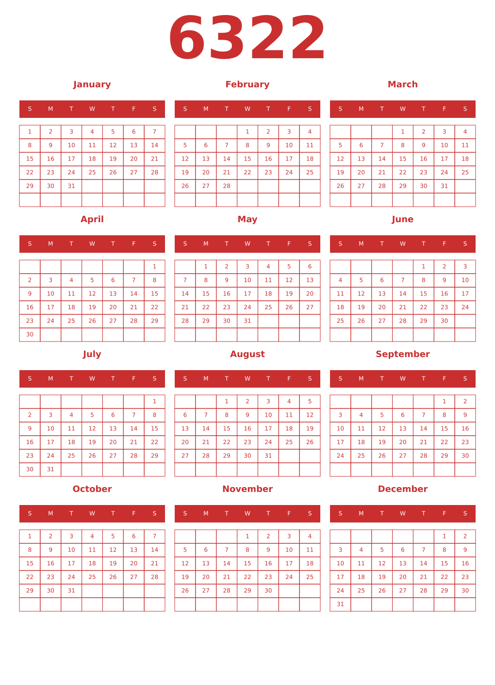Printable 6322 Year Calendars red