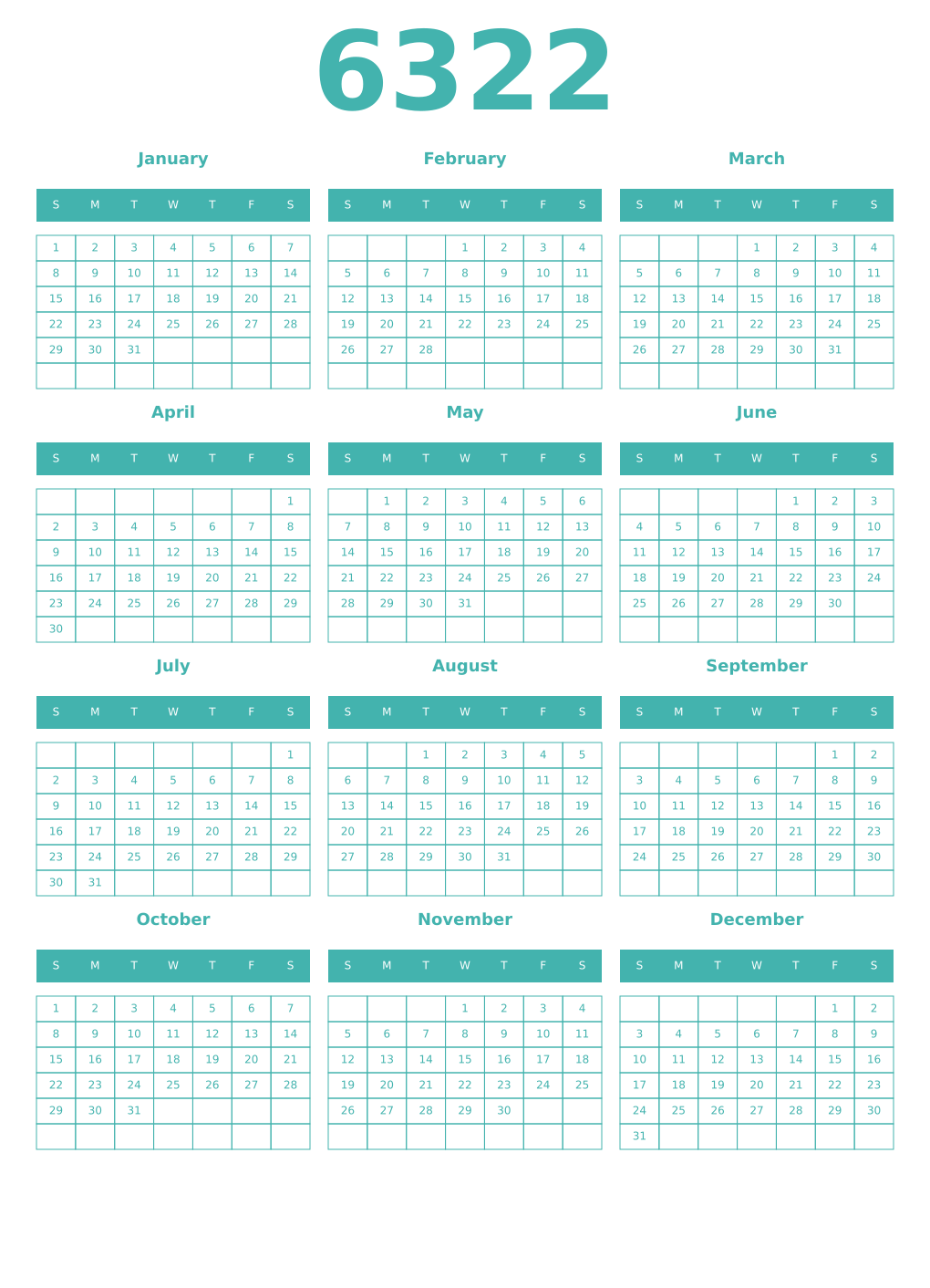 Printable 6322 Year Calendars verdigris