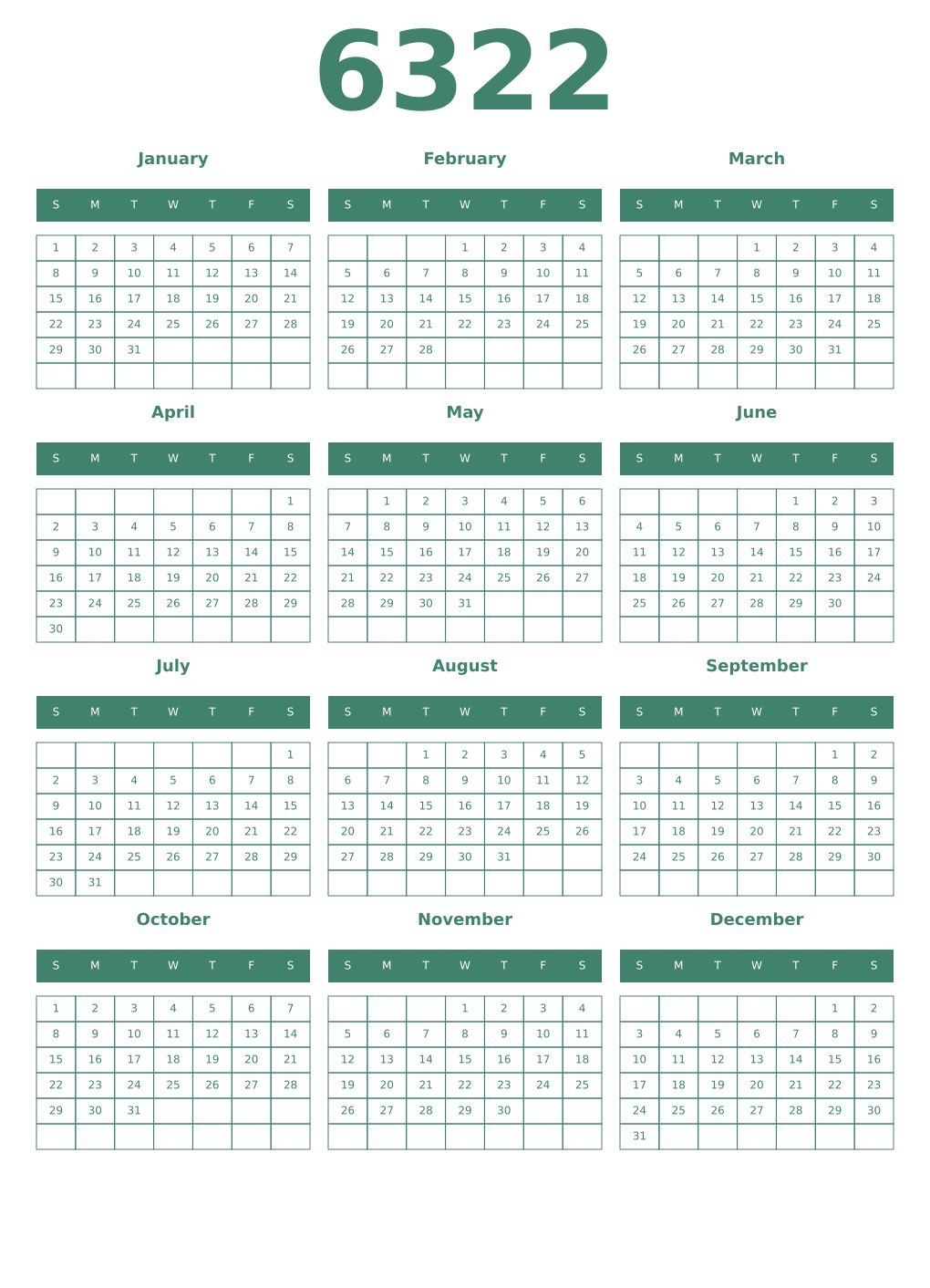 Printable 6322 Year Calendars viridian