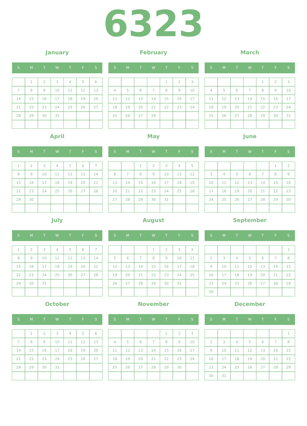 Printable 6323 Year Calendars celadon