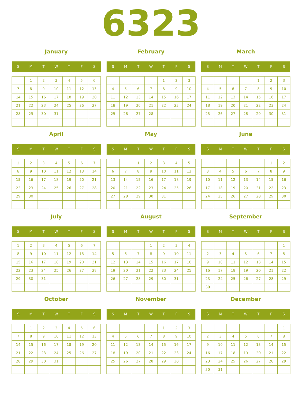 Printable 6323 Year Calendars chartreuse