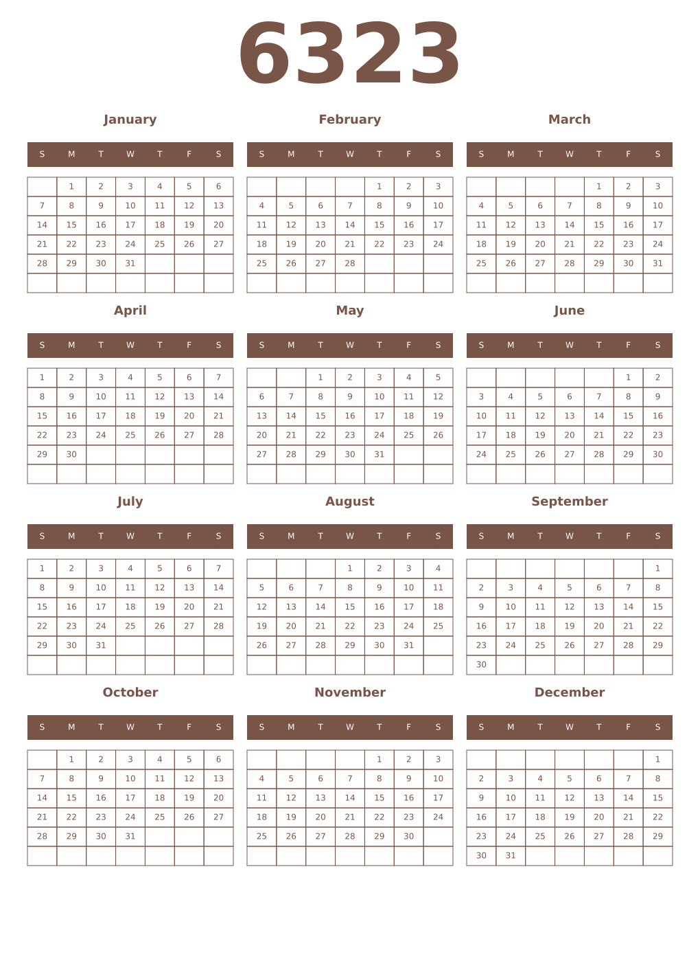 Printable 6323 Year Calendars coffe