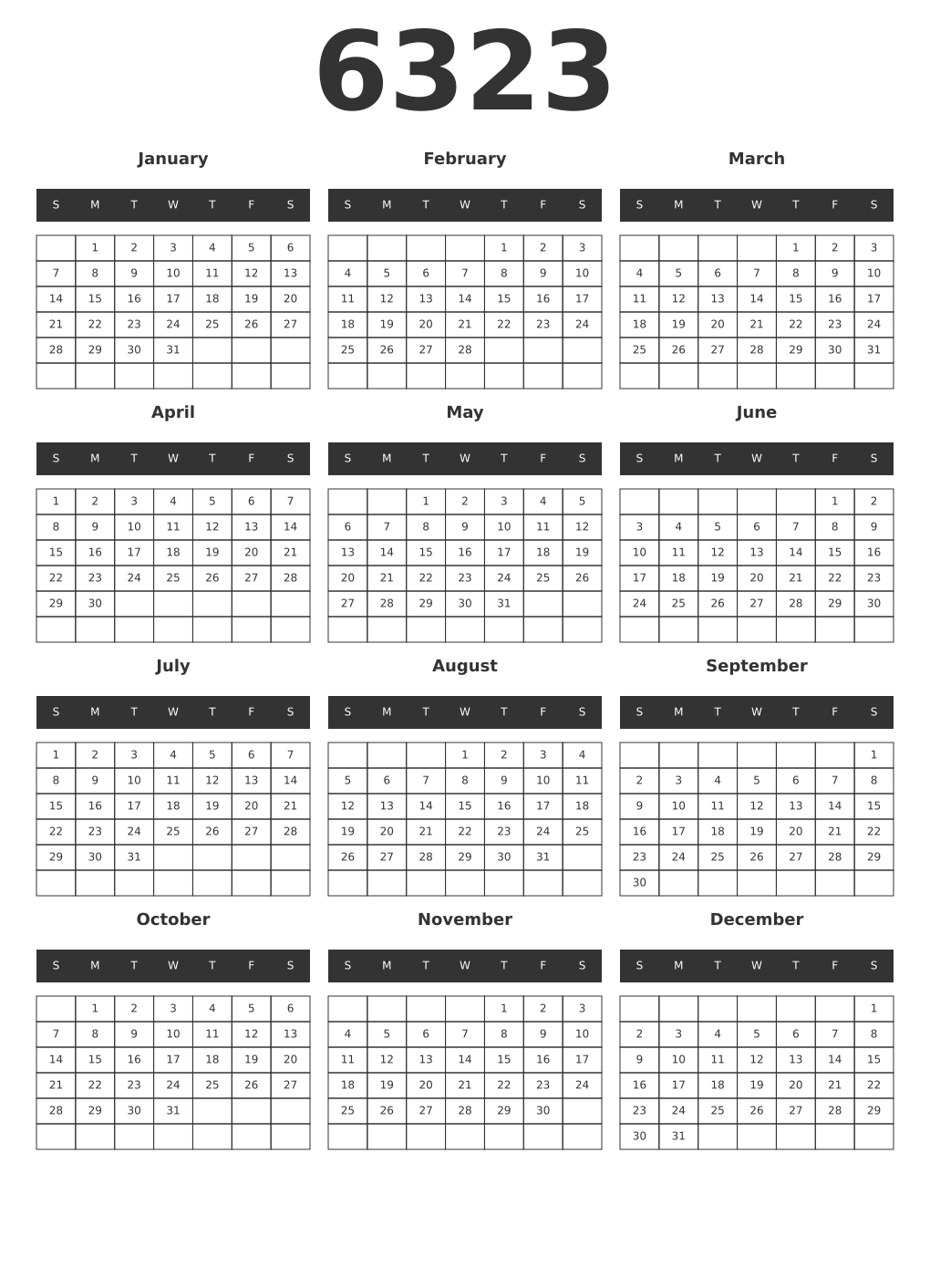 Printable 6323 Year Calendars dark