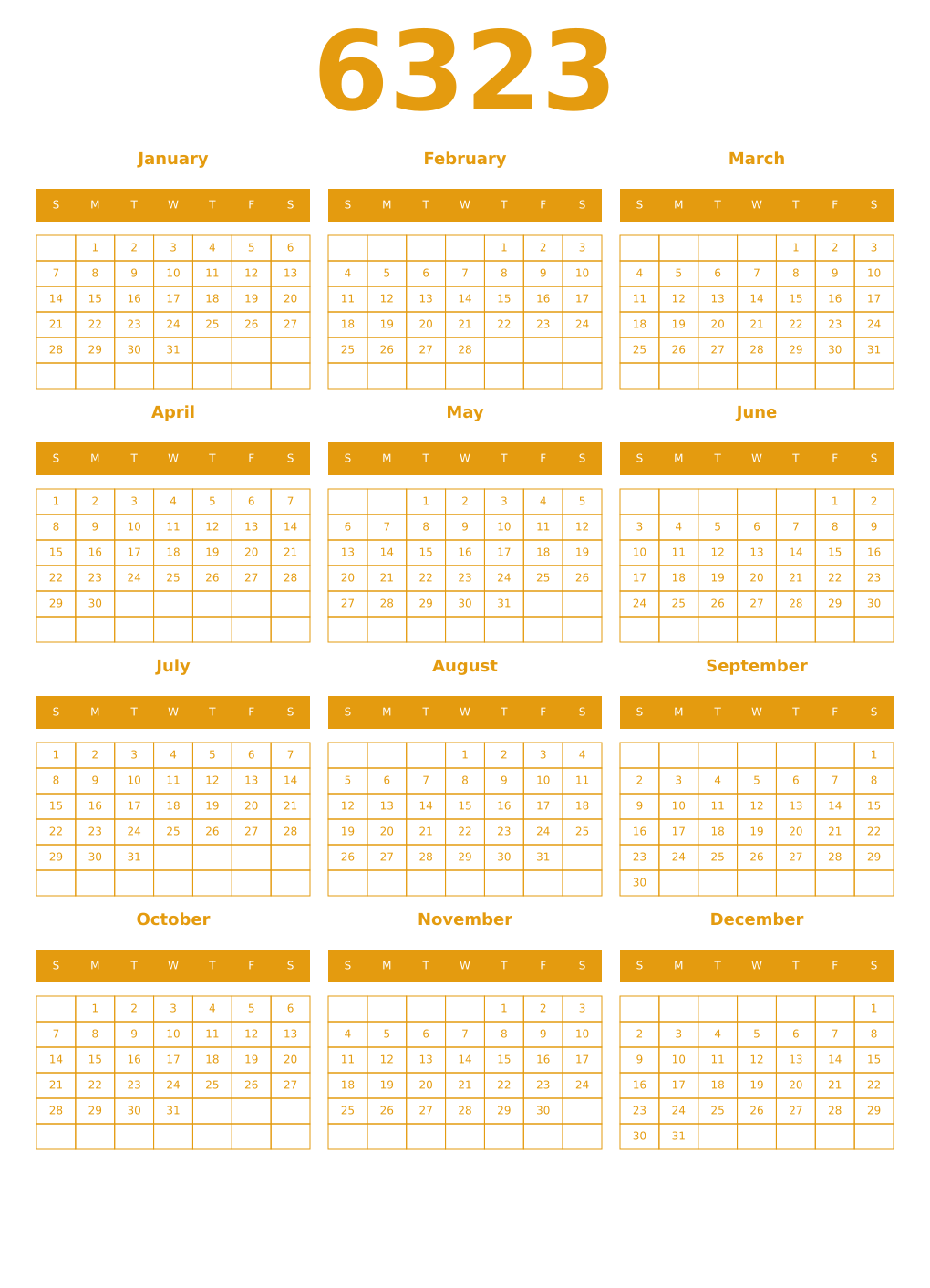Printable 6323 Year Calendars gamboge