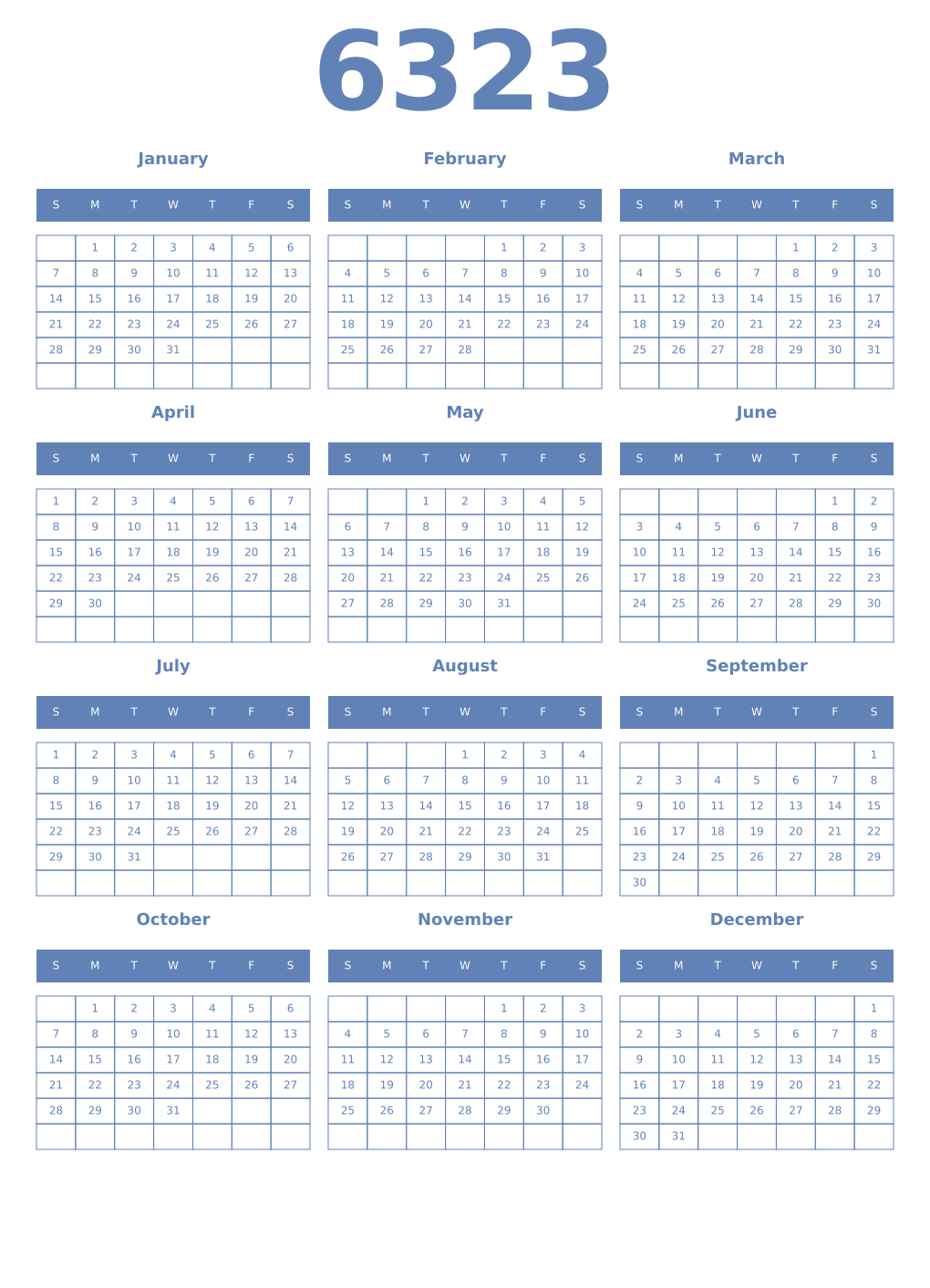 Printable 6323 Year Calendars glaucous