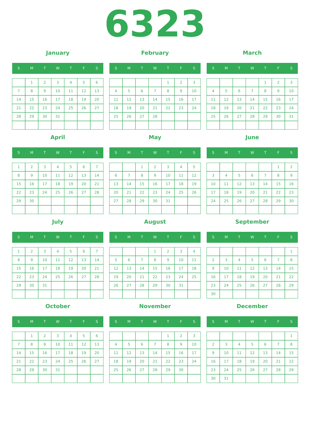 Printable 6323 Year Calendars green
