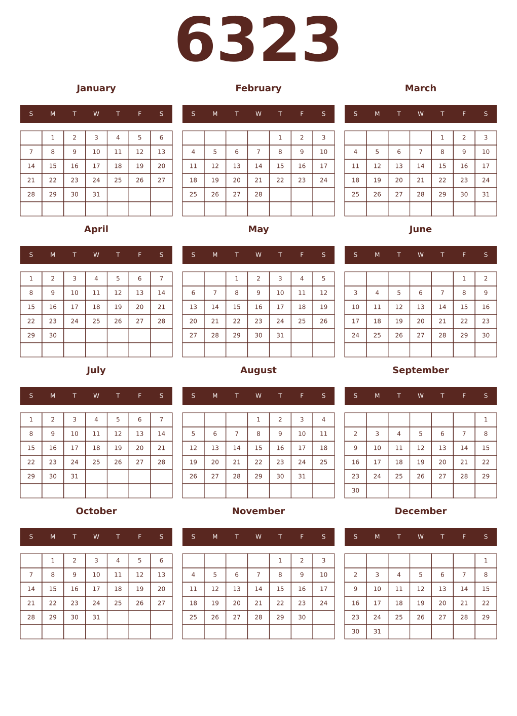 Printable 6323 Year Calendars mortuum