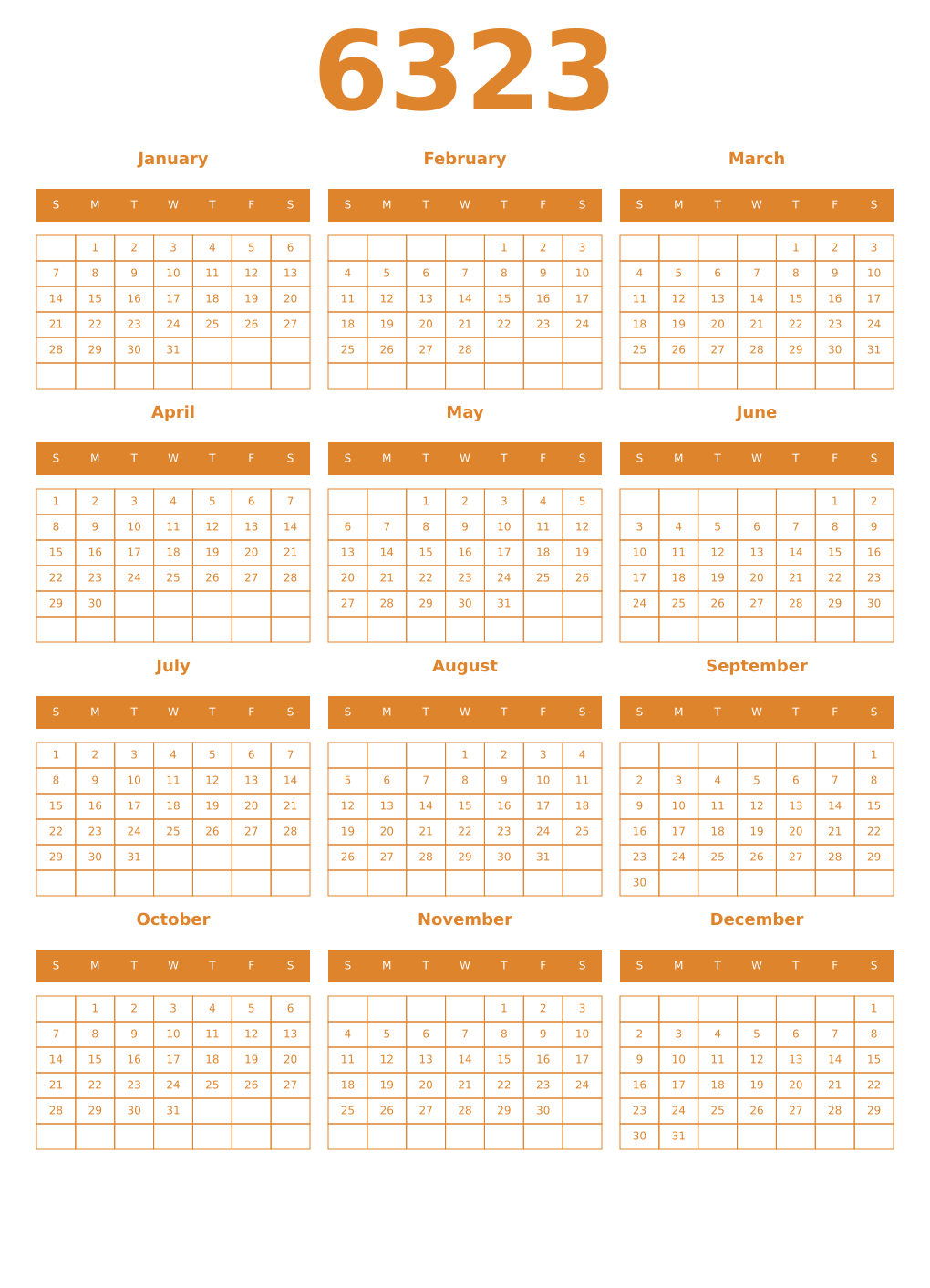 Printable 6323 Year Calendars orange