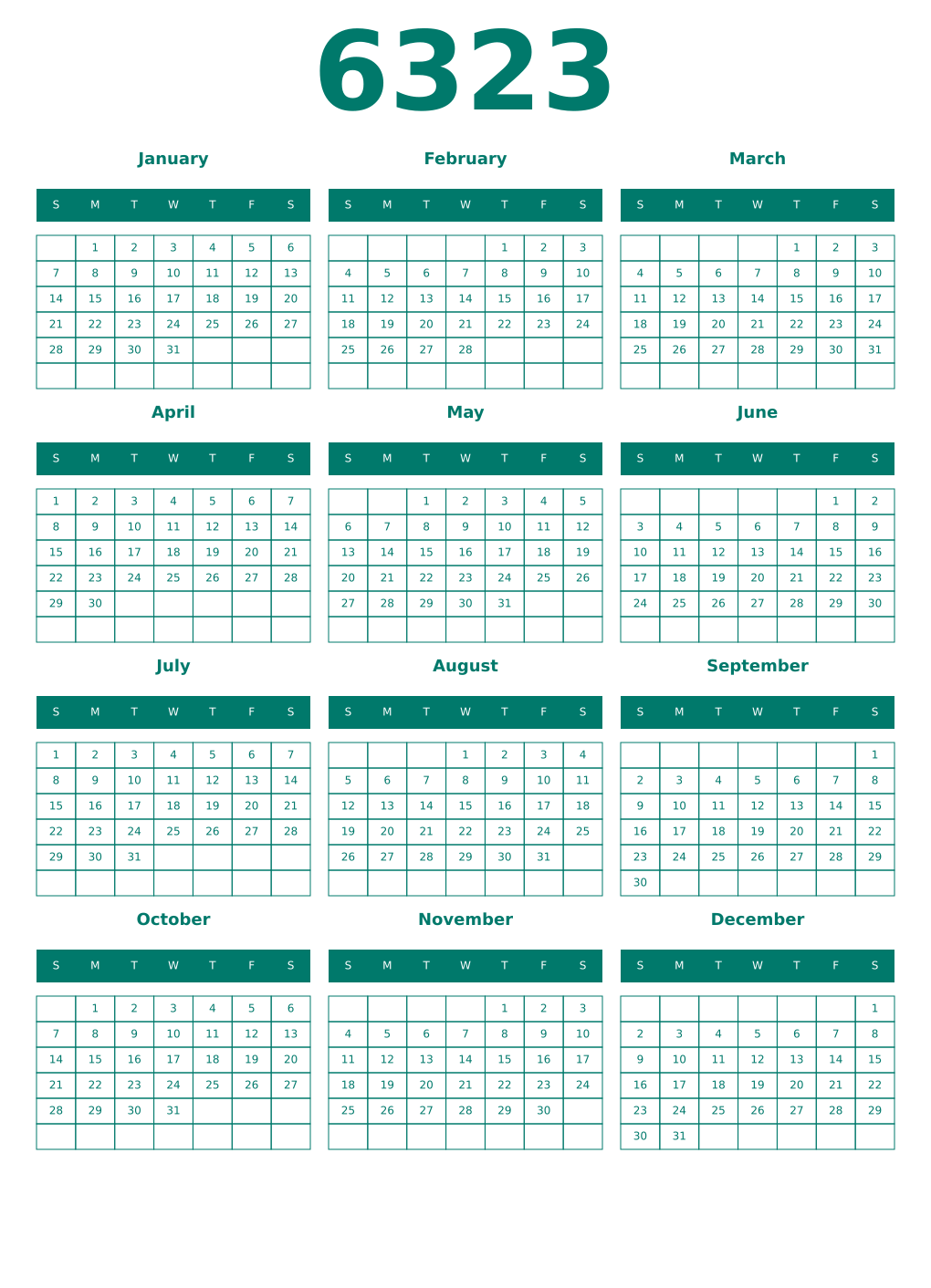 Printable 6323 Year Calendars pastel