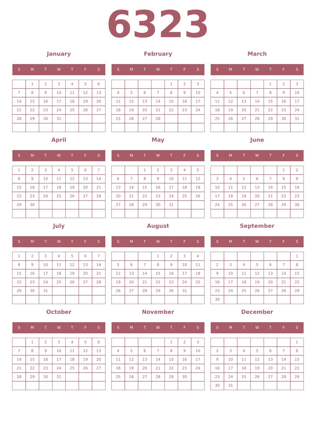 Printable 6323 Year Calendars puce