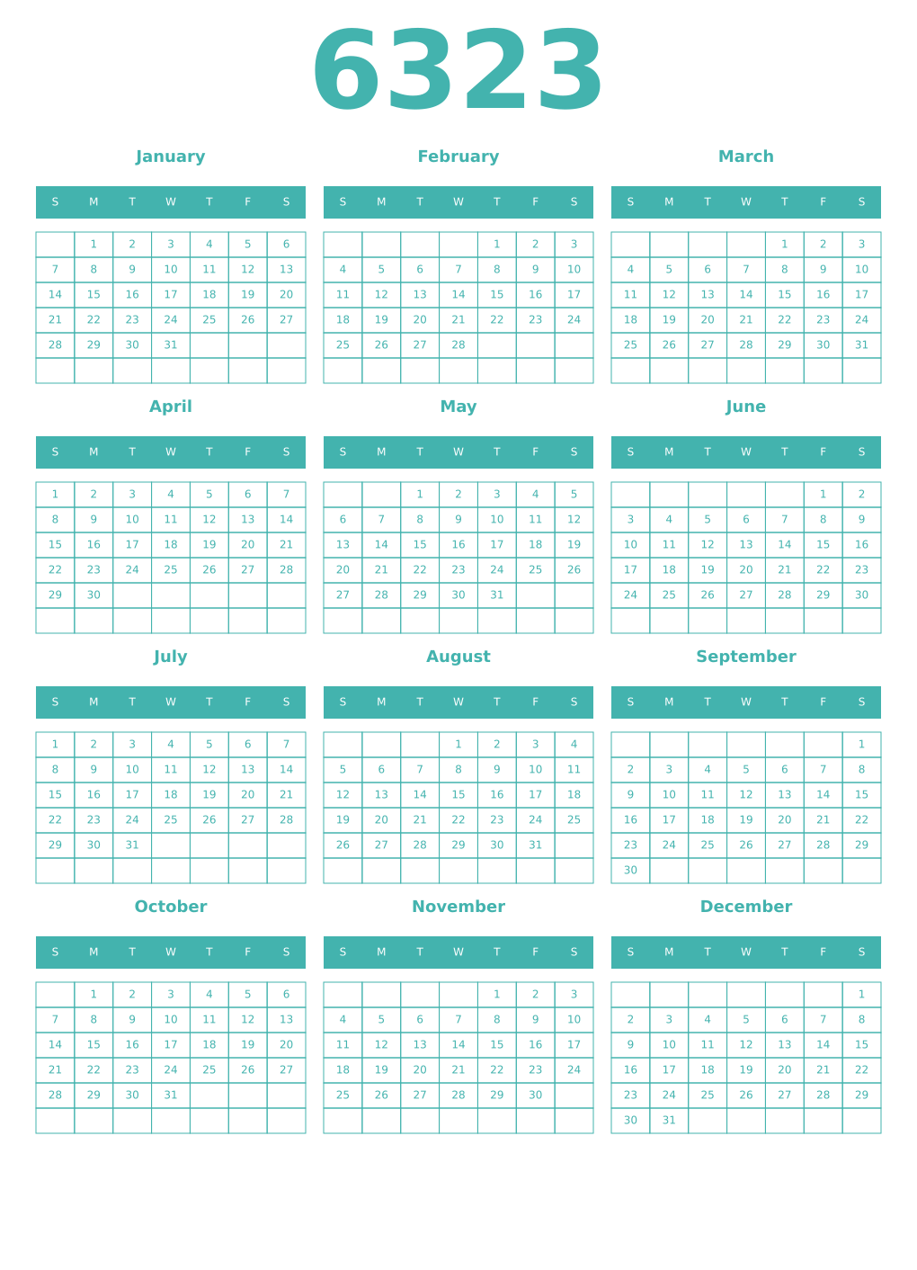 Printable 6323 Year Calendars verdigris