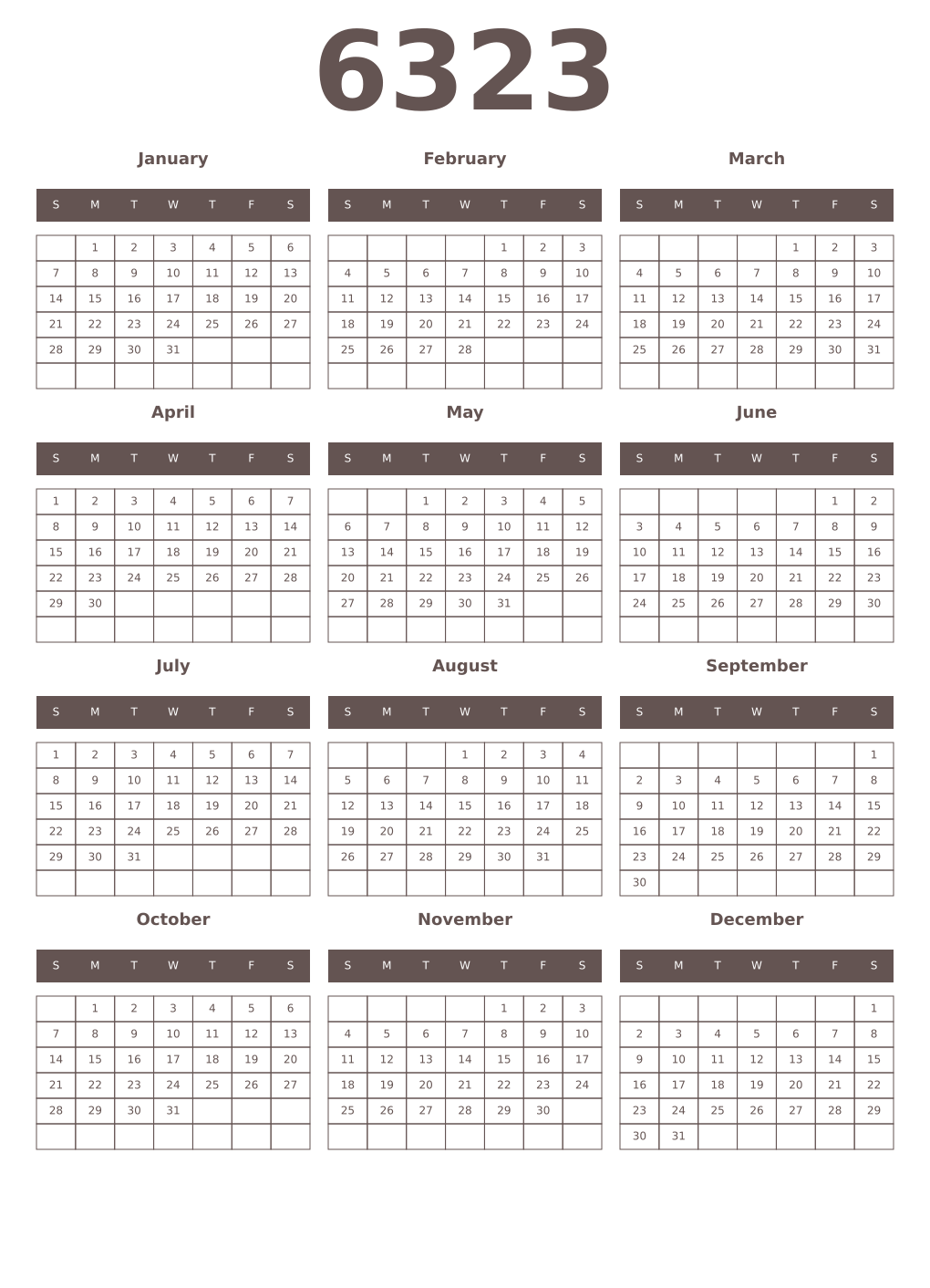 Printable 6323 Year Calendars wenge