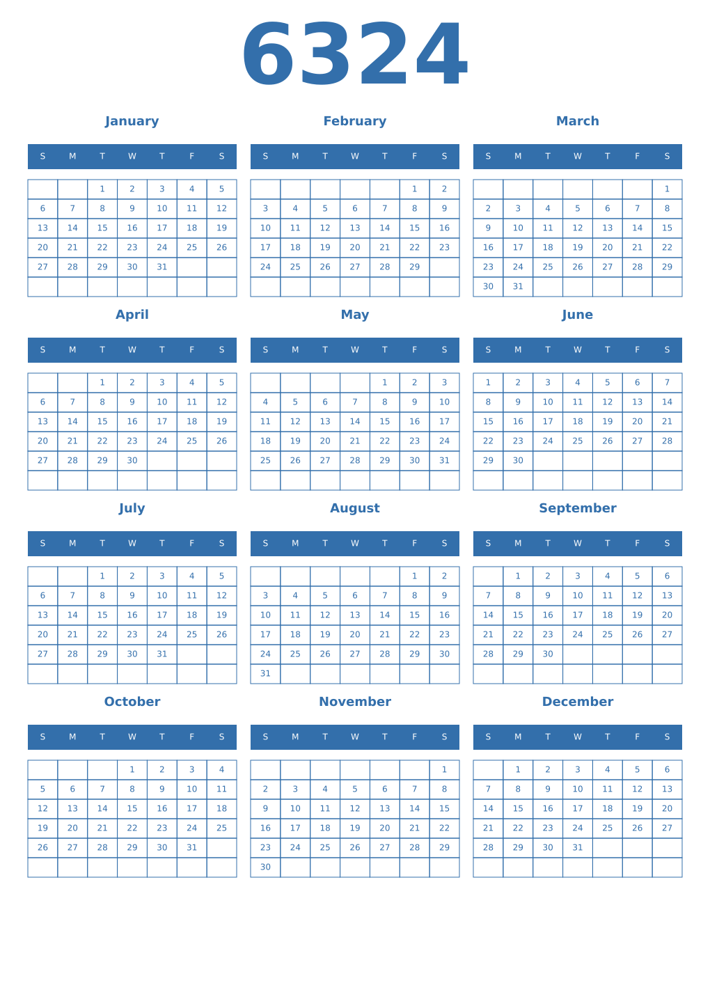 Printable 6324 Year Calendars blue