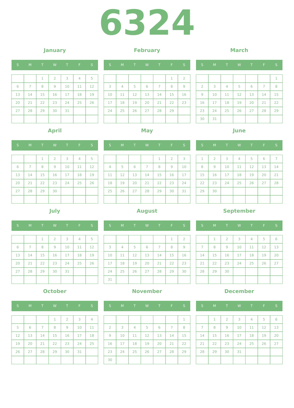 Printable 6324 Year Calendars celadon