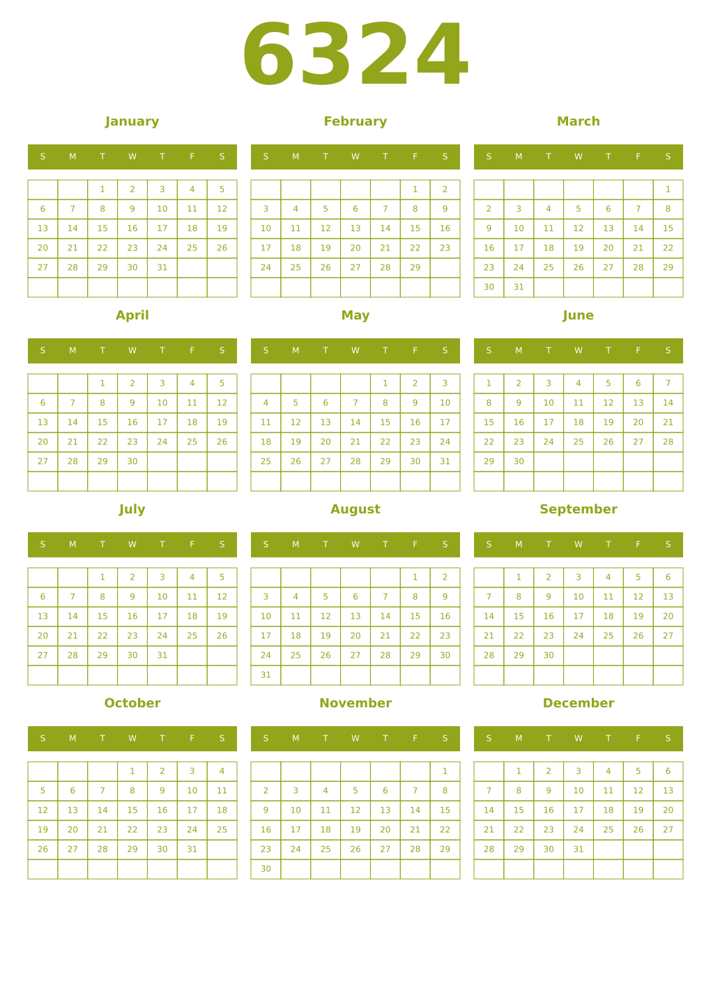 Printable 6324 Year Calendars chartreuse