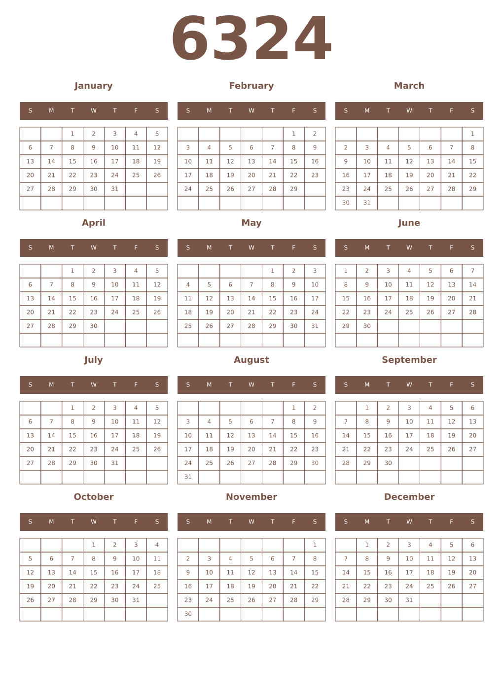Printable 6324 Year Calendars coffe
