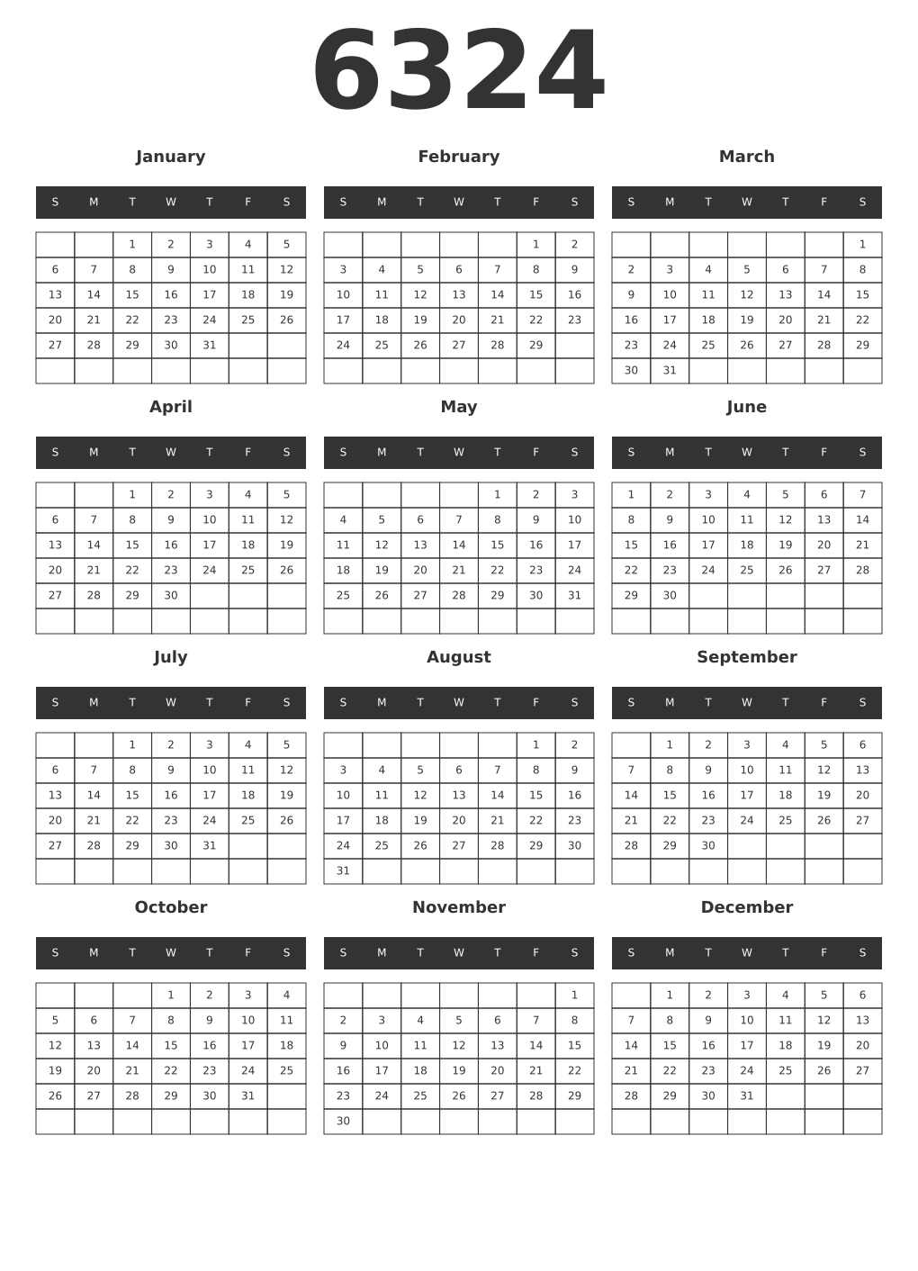 Printable 6324 Year Calendars dark
