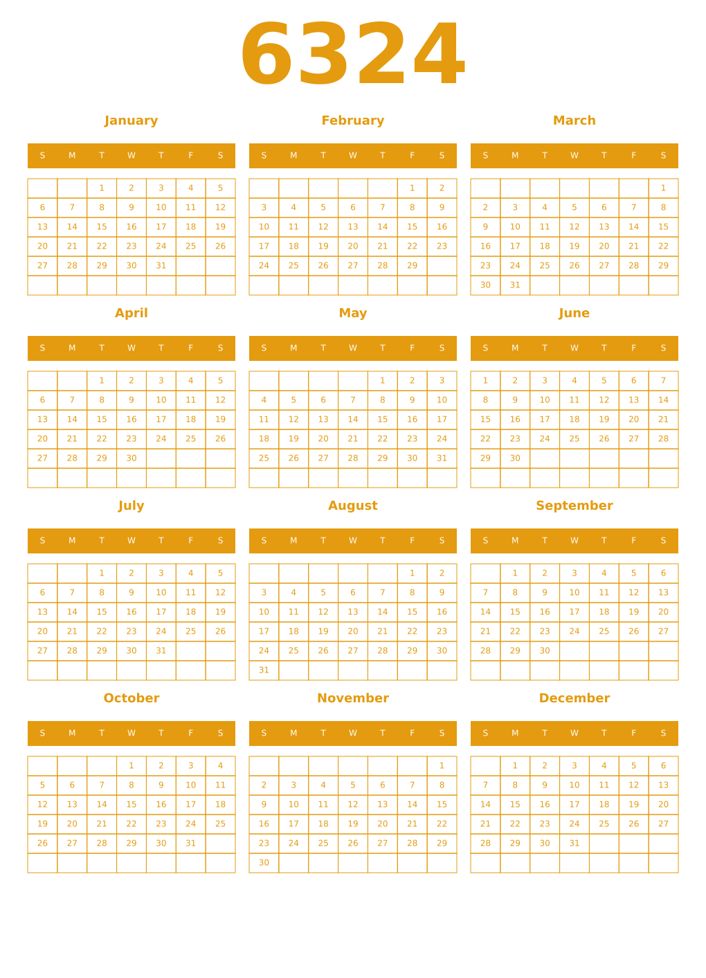 Printable 6324 Year Calendars gamboge