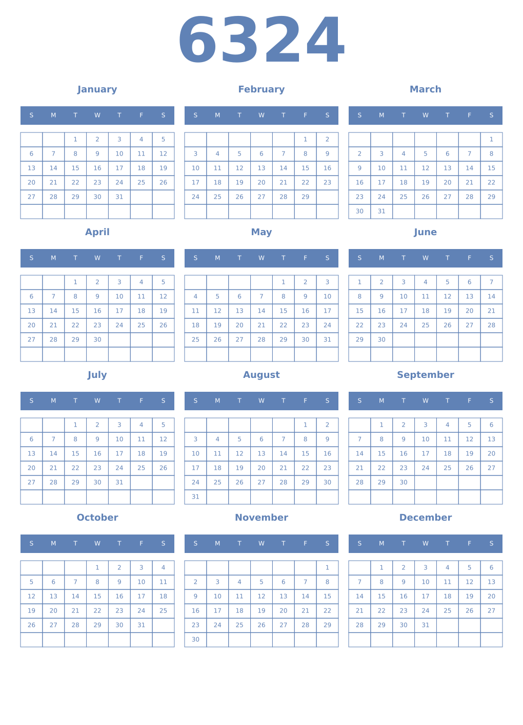 Printable 6324 Year Calendars glaucous