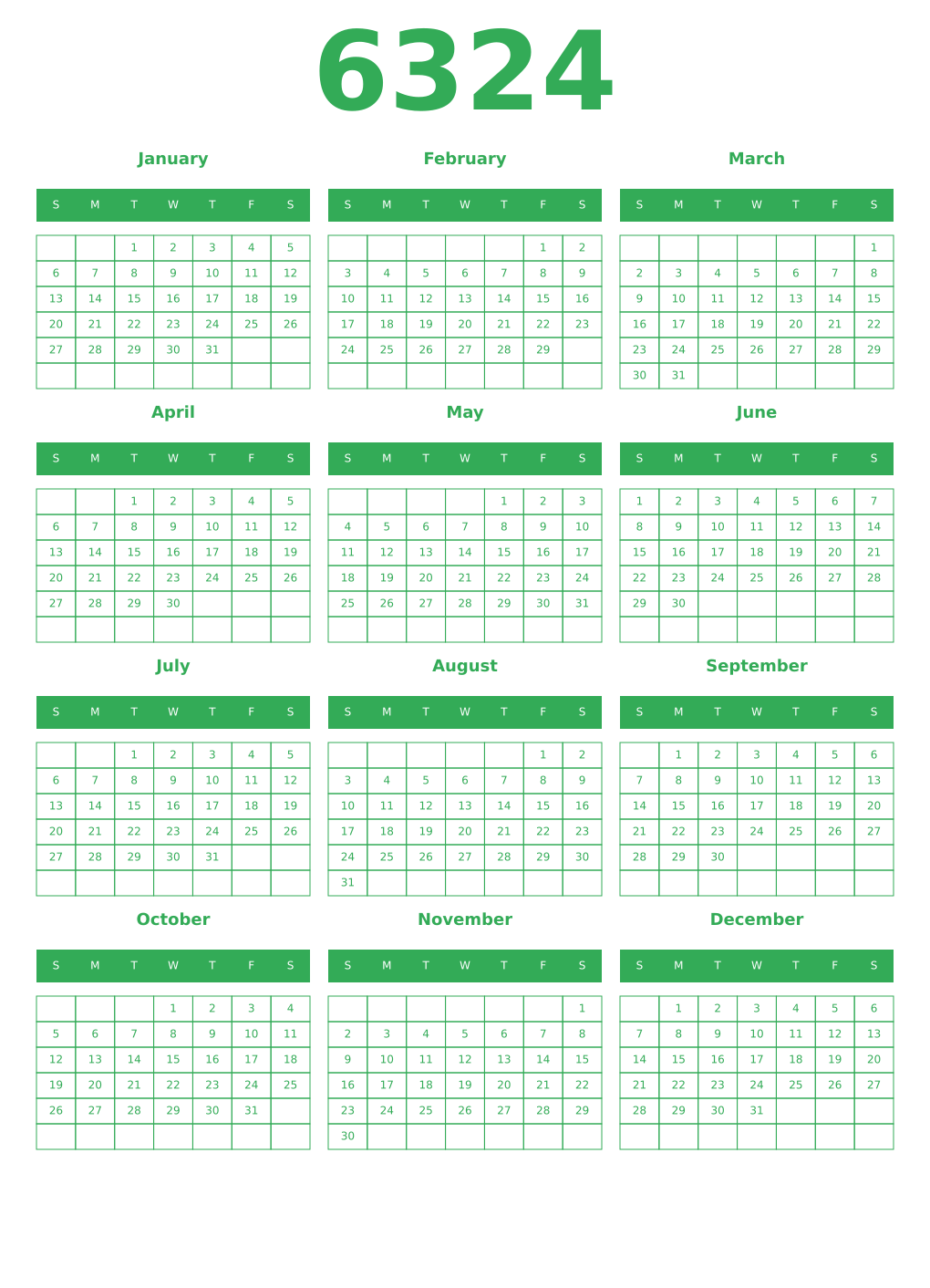 Printable 6324 Year Calendars green