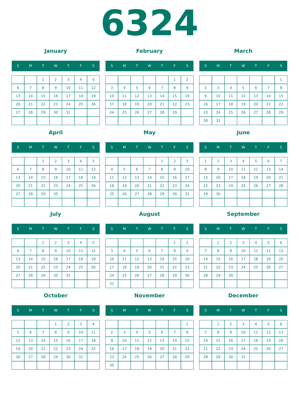 Printable 6324 Year Calendars pastel