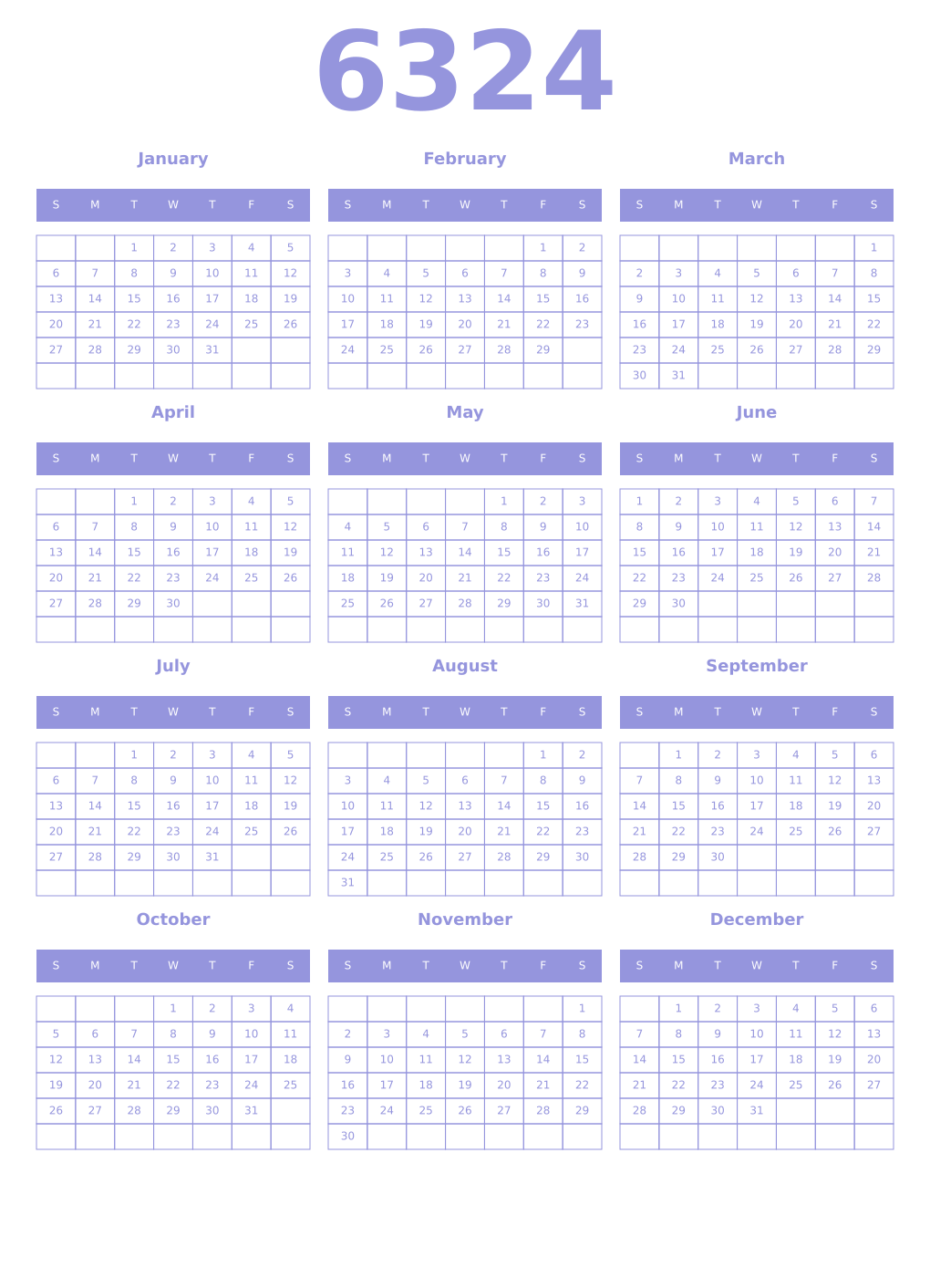 Printable 6324 Year Calendars periwinkle