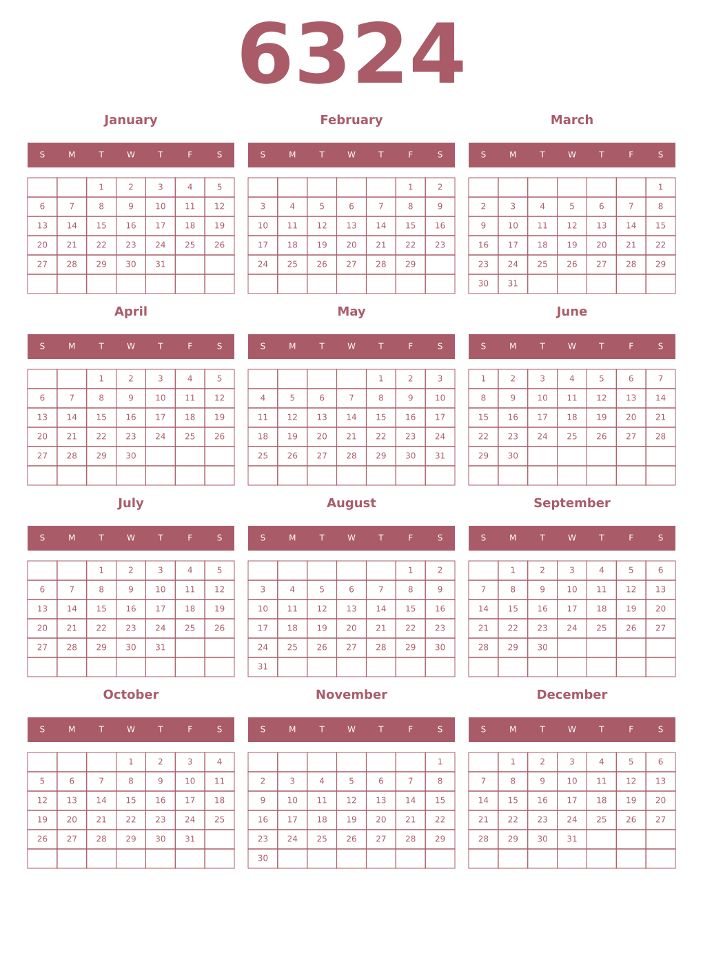 Printable 6324 Year Calendars puce