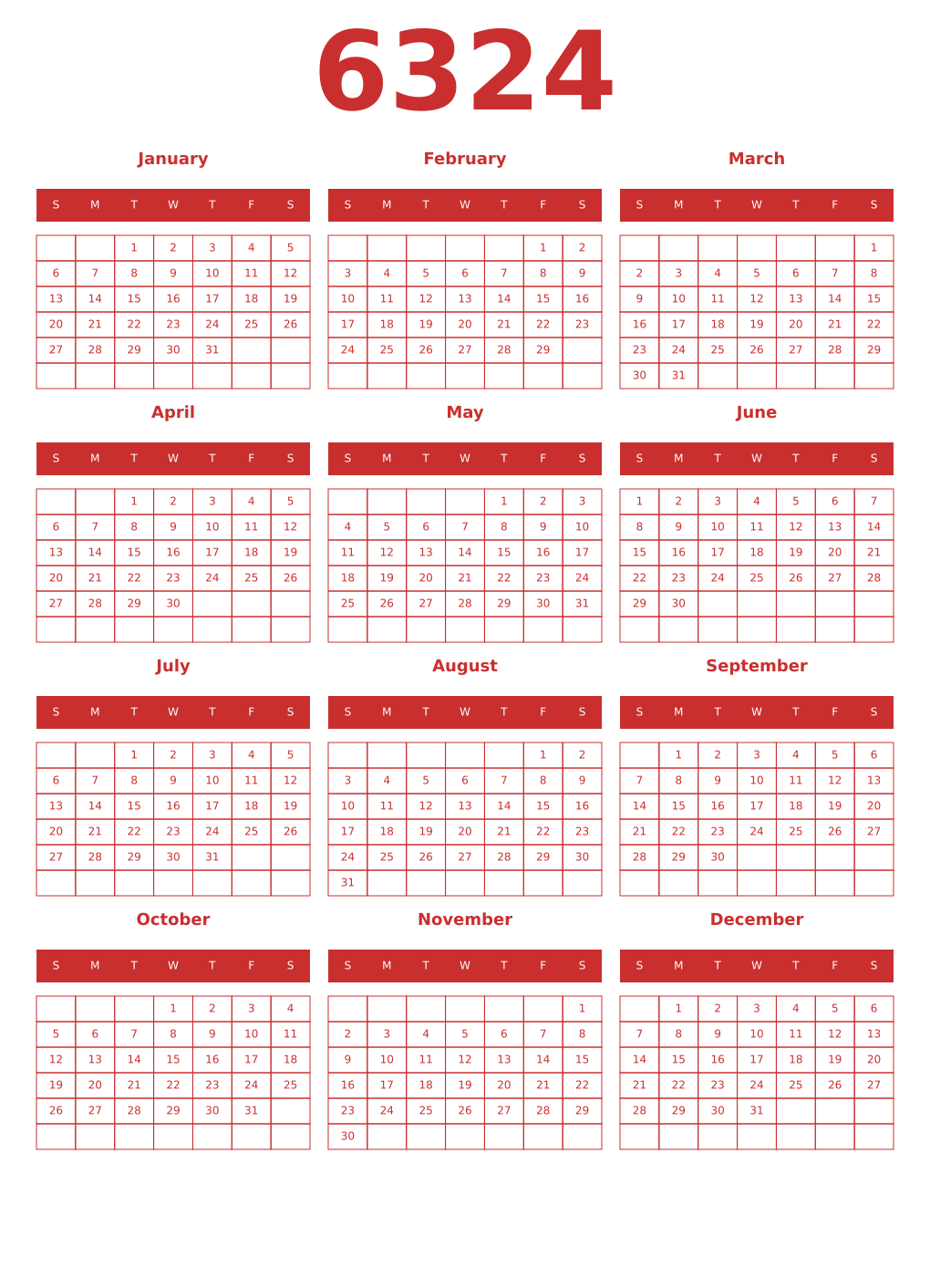 Printable 6324 Year Calendars red