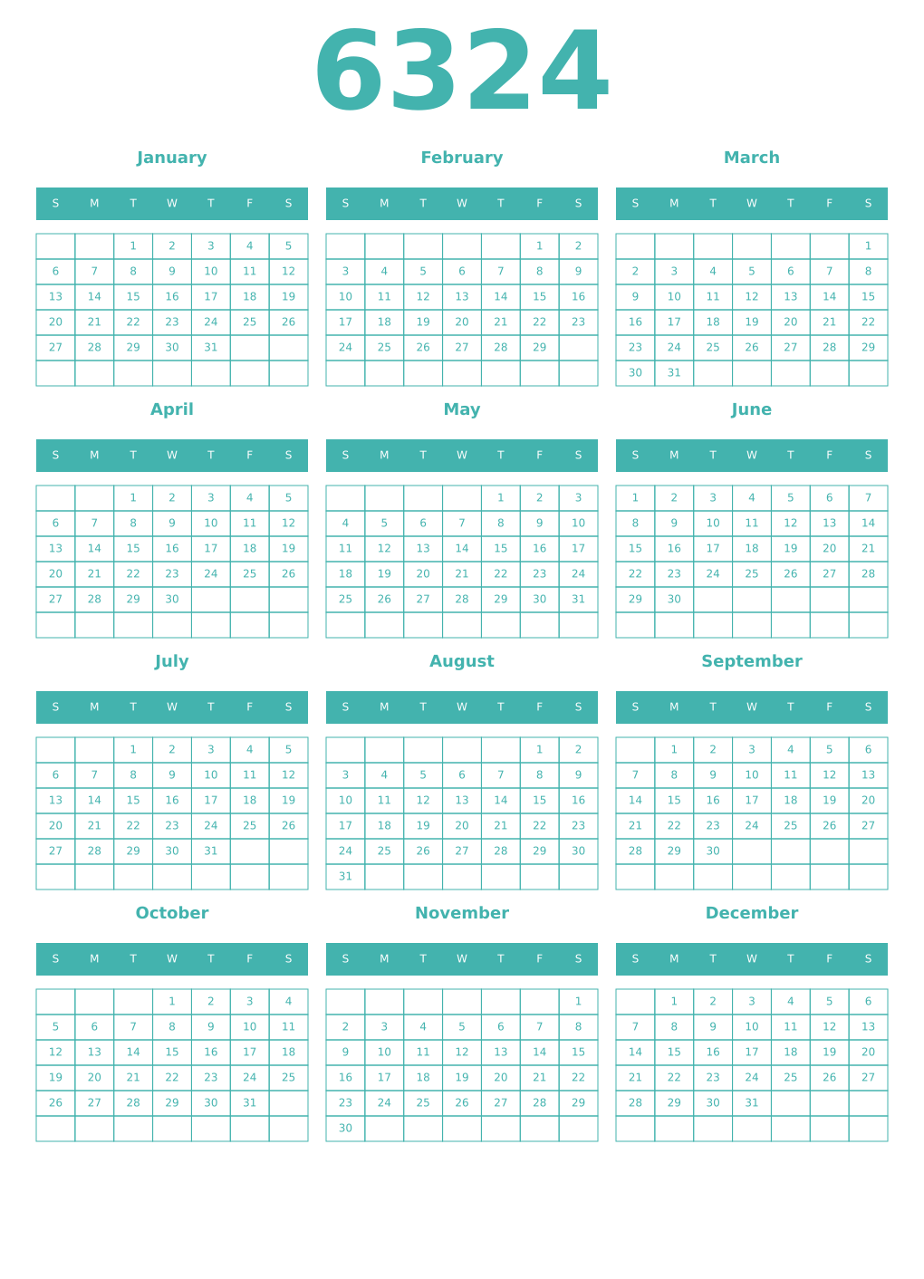 Printable 6324 Year Calendars verdigris