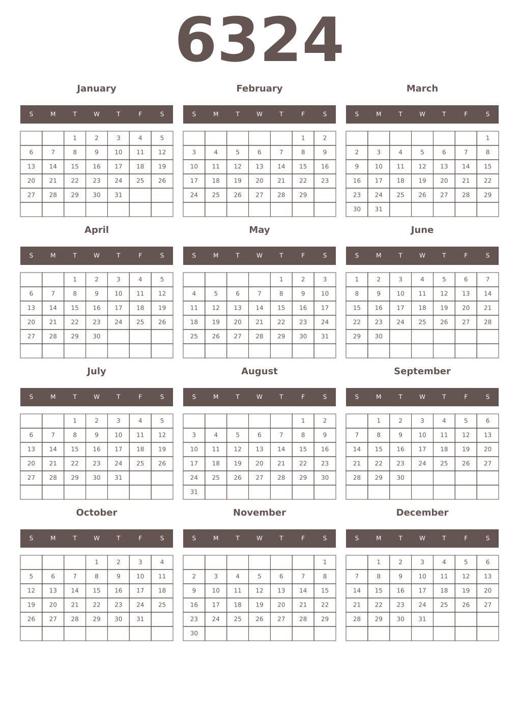Printable 6324 Year Calendars wenge