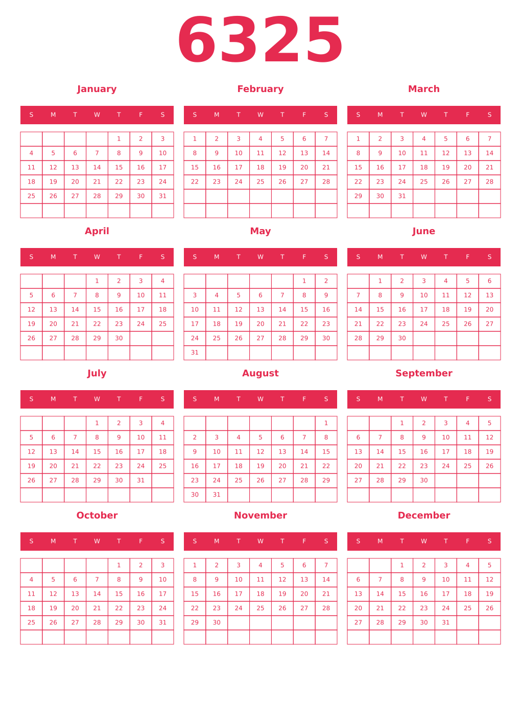Printable 6325 Year Calendars amaranth