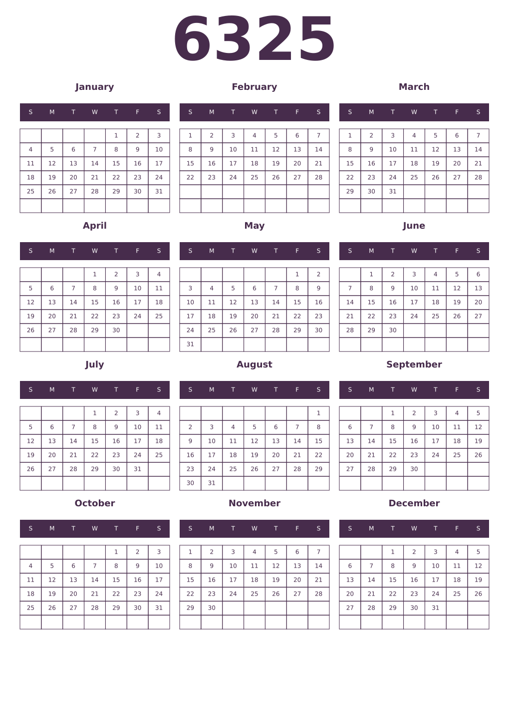 Printable 6325 Year Calendars aubergine