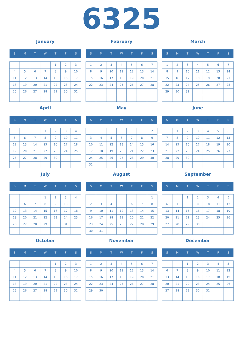 Printable 6325 Year Calendars blue
