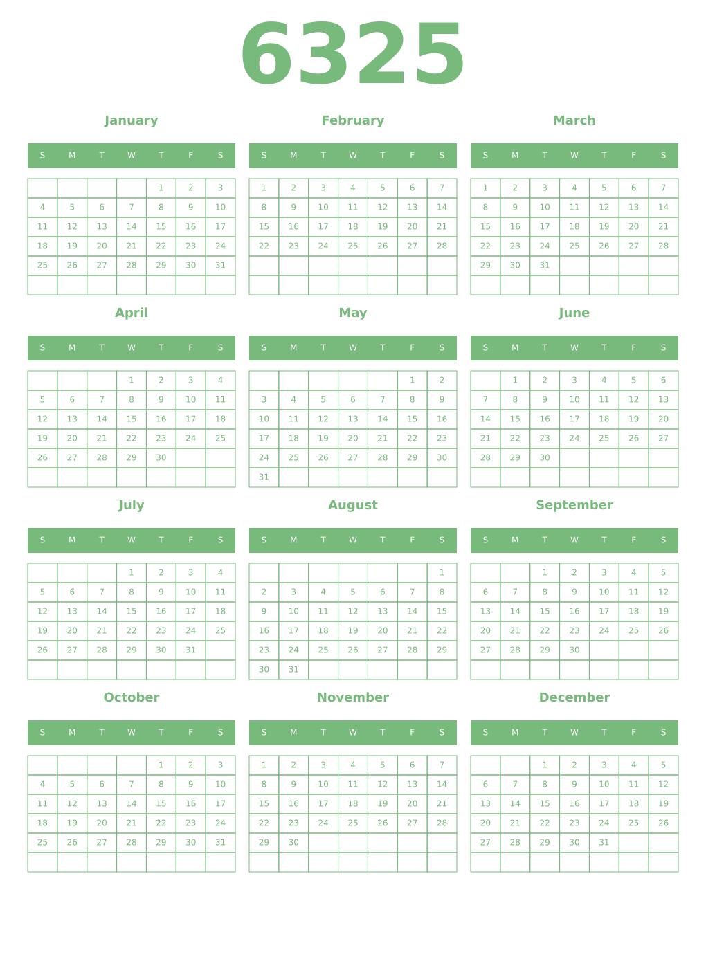 Printable 6325 Year Calendars celadon