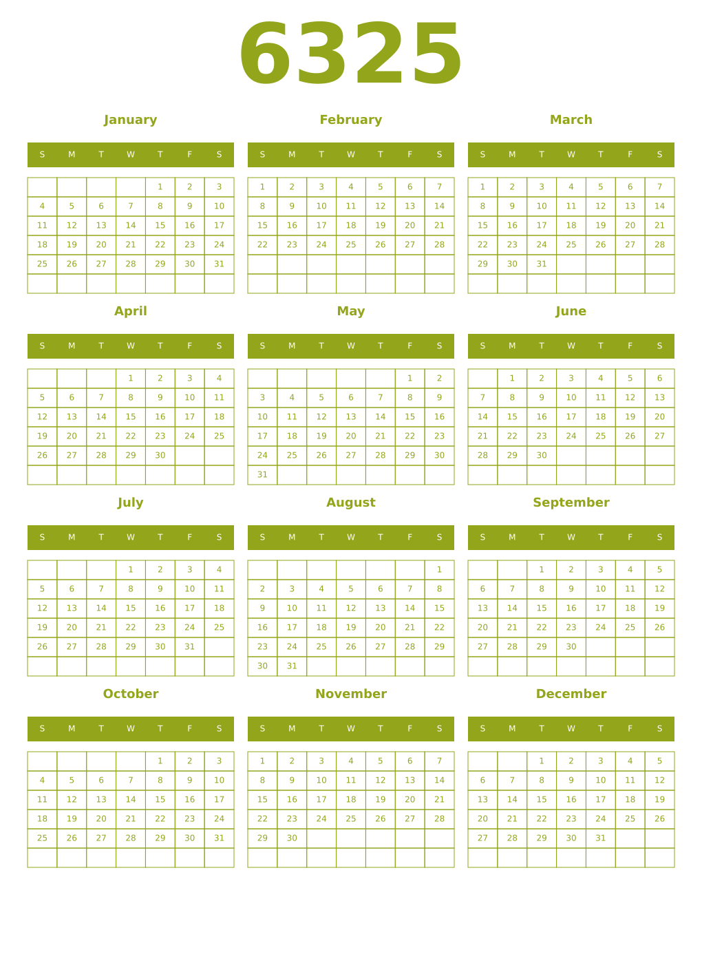 Printable 6325 Year Calendars chartreuse