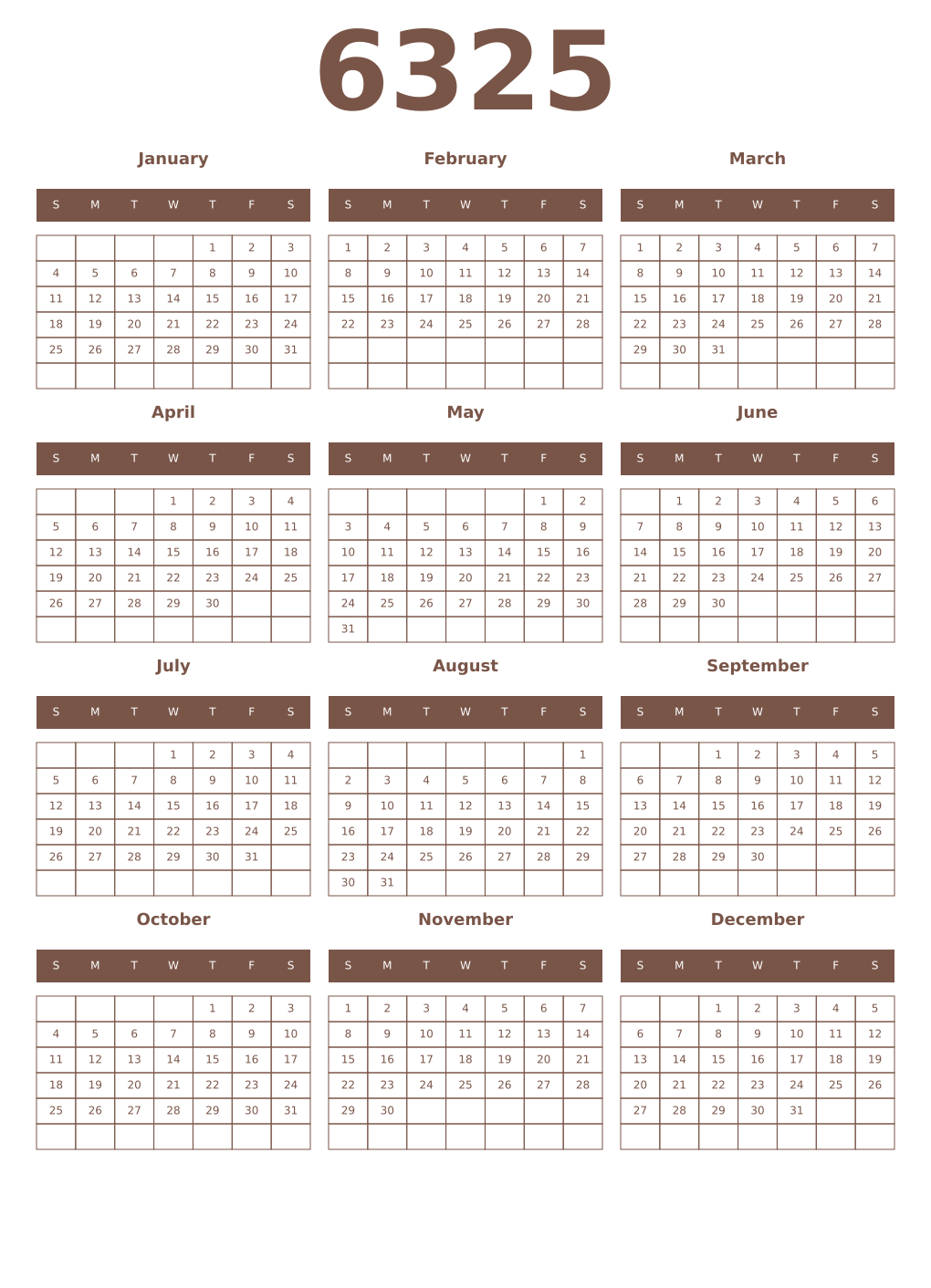 Printable 6325 Year Calendars coffe