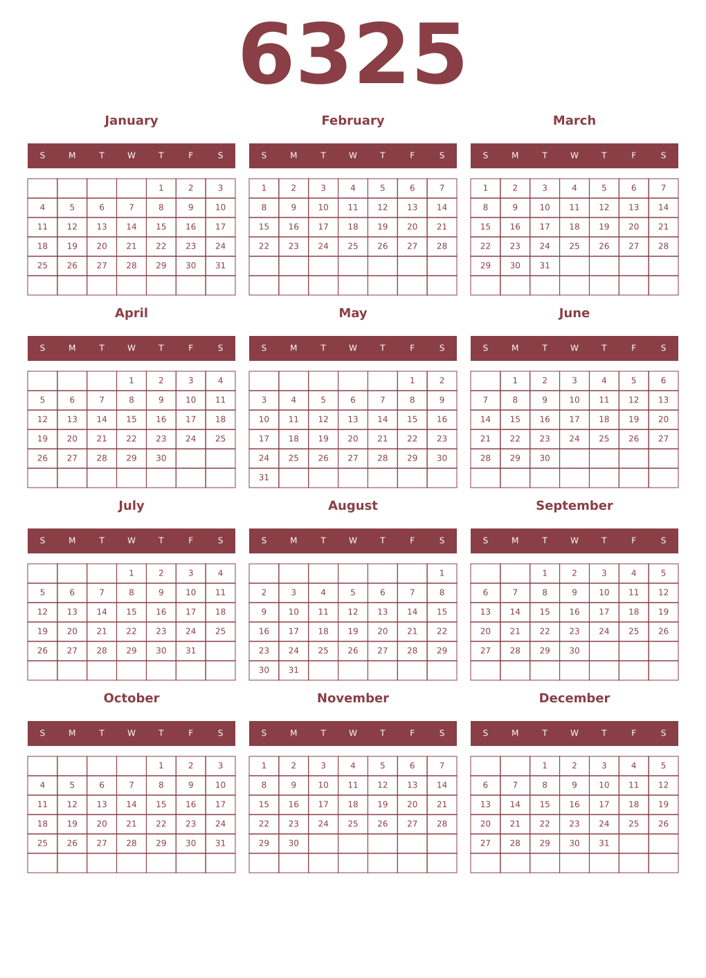Printable 6325 Year Calendars cordovan