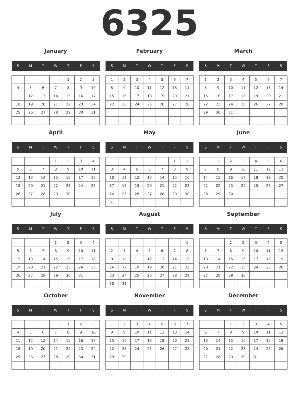 Printable 6325 Year Calendars dark