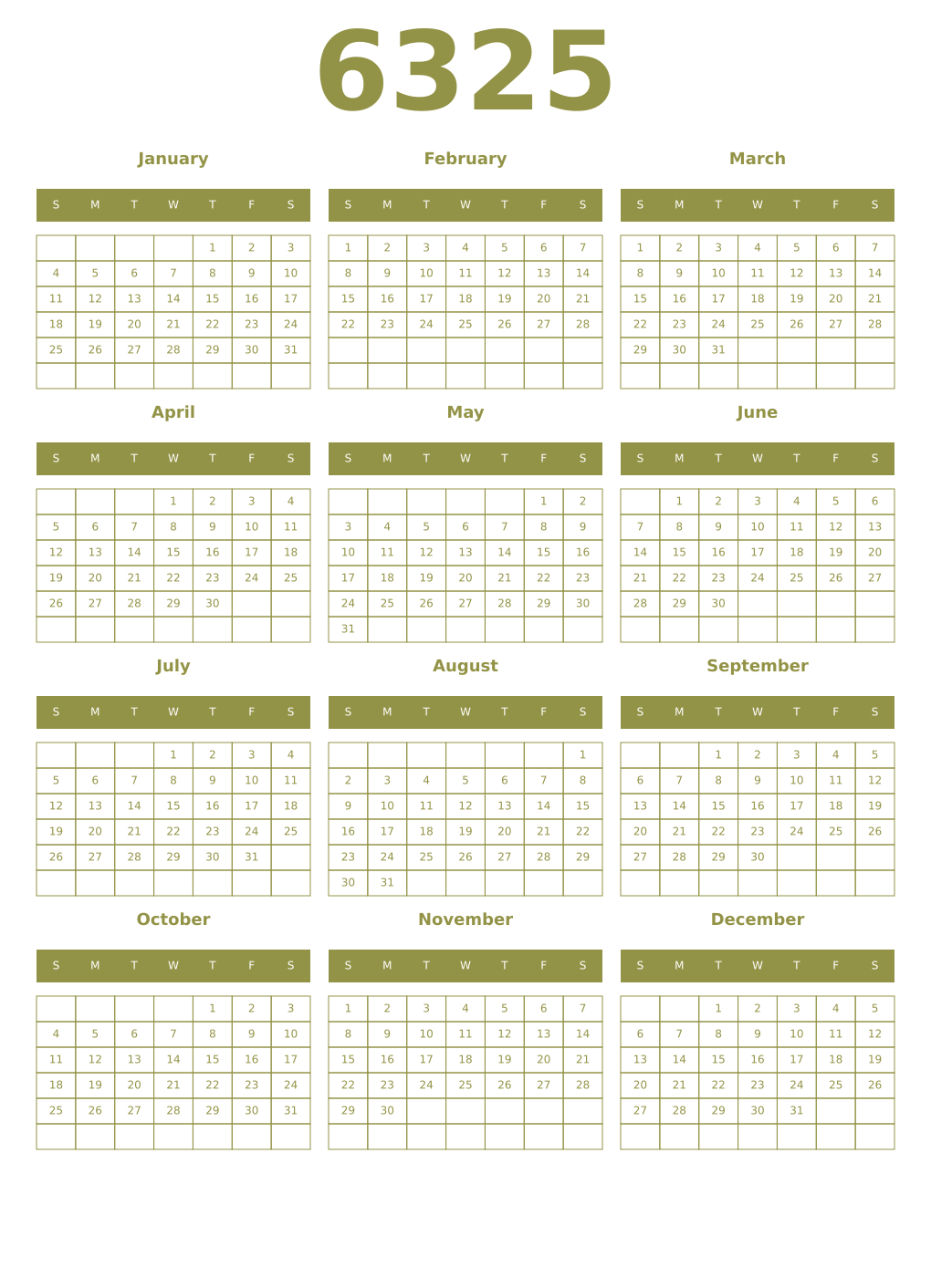 Printable 6325 Year Calendars eburnean
