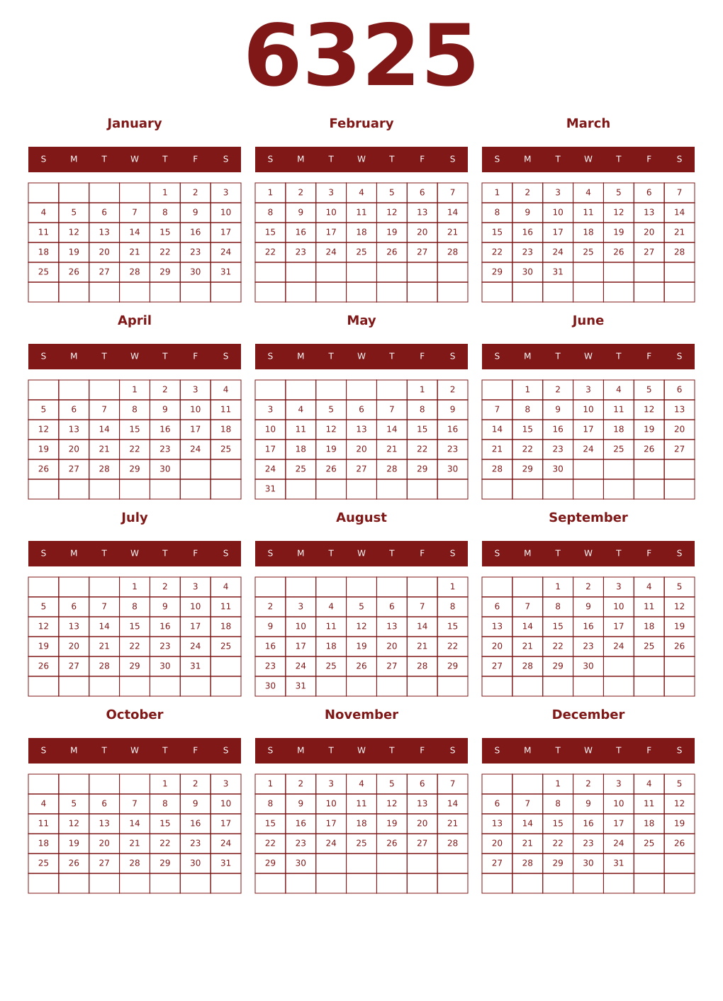 Printable 6325 Year Calendars falu