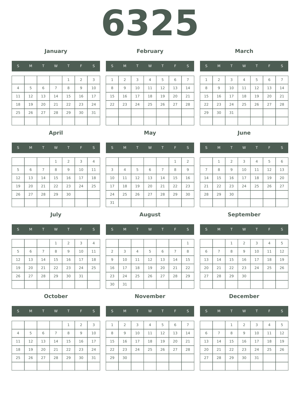 Printable 6325 Year Calendars feldgrau