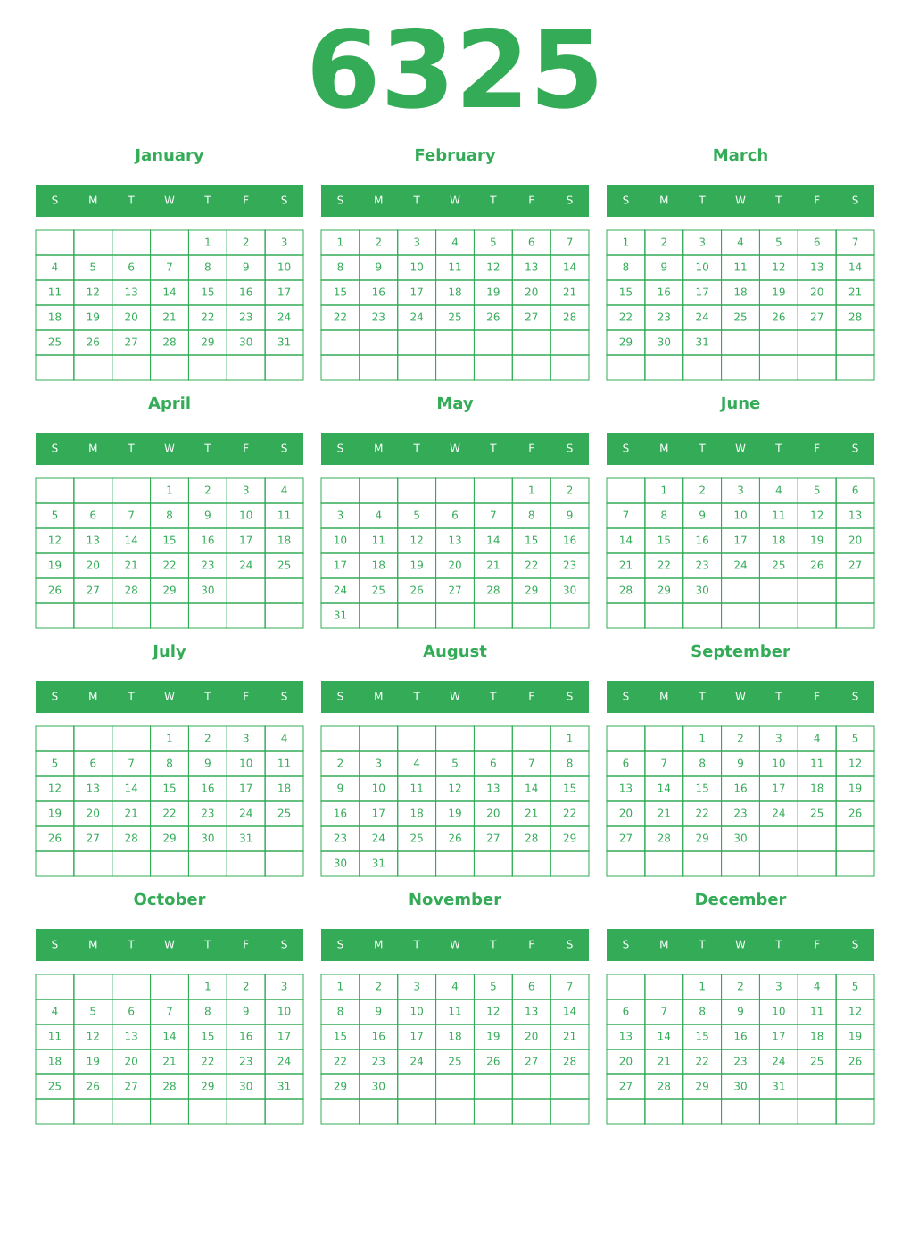 Printable 6325 Year Calendars green