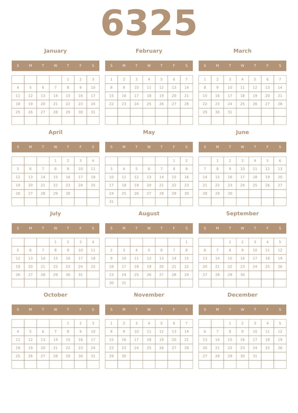 Printable 6325 Year Calendars isabelline