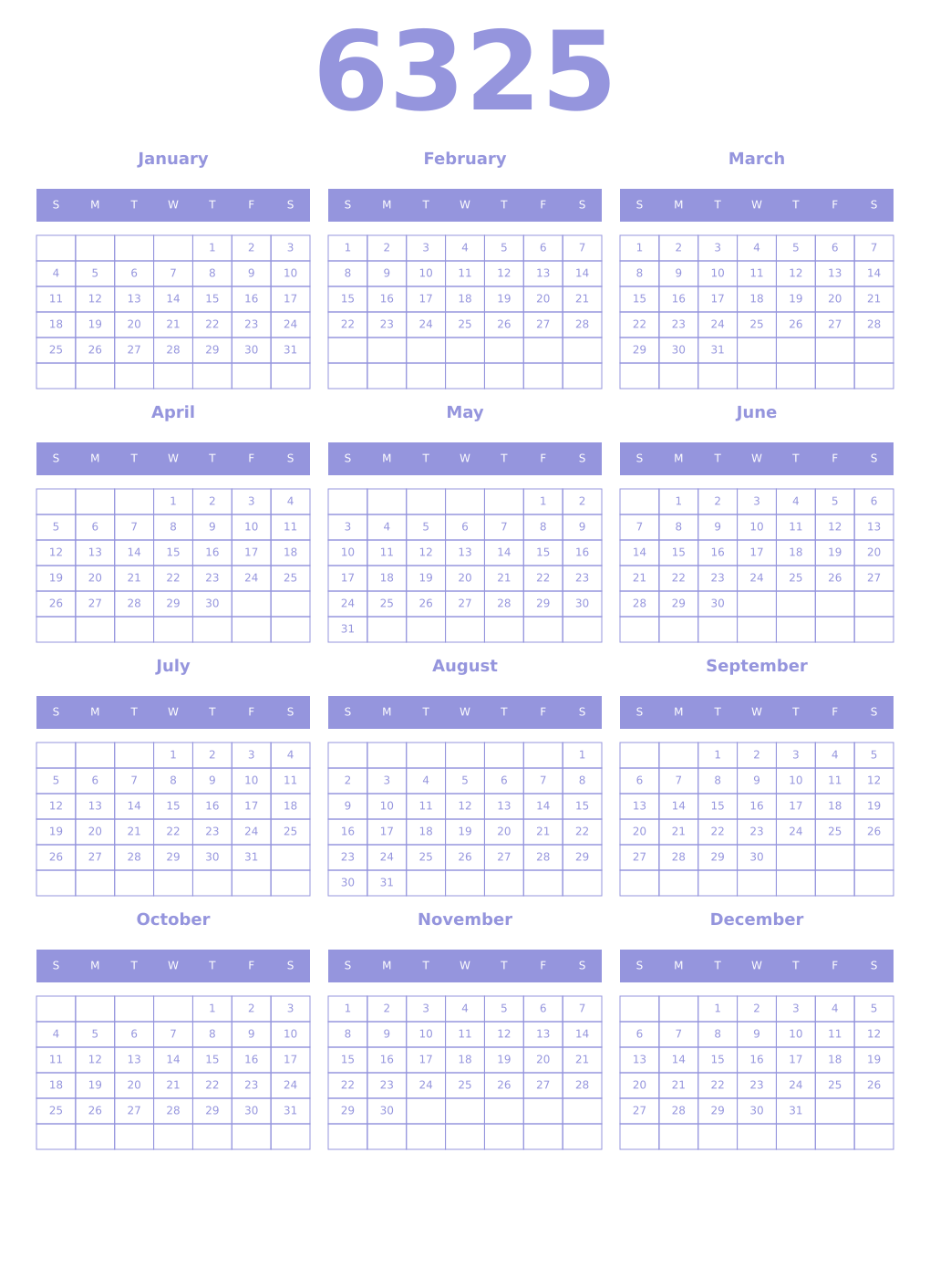 Printable 6325 Year Calendars periwinkle